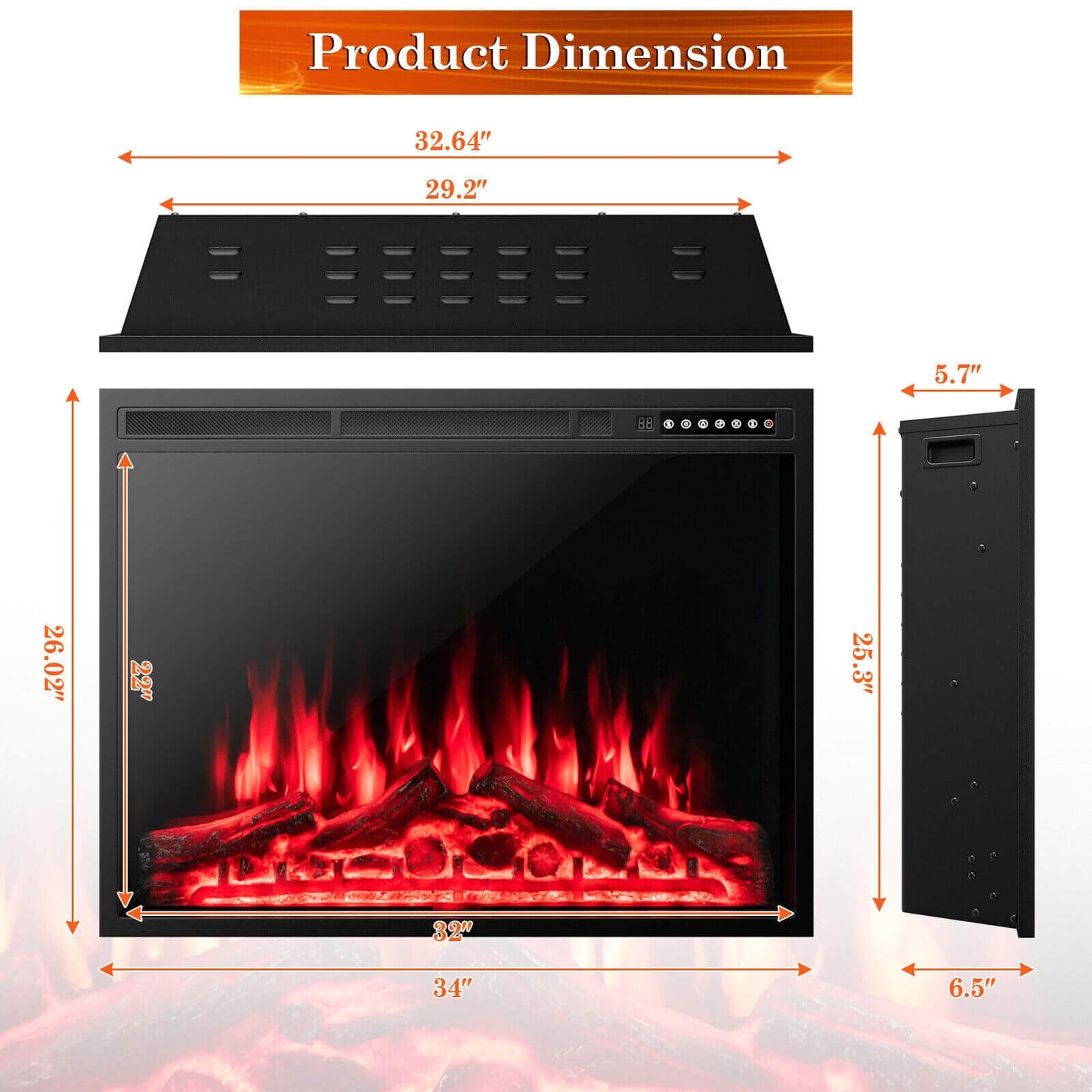 34" & 37" Recessed Electric Fireplace with Adjustable Flames & Customizable Heat Settings