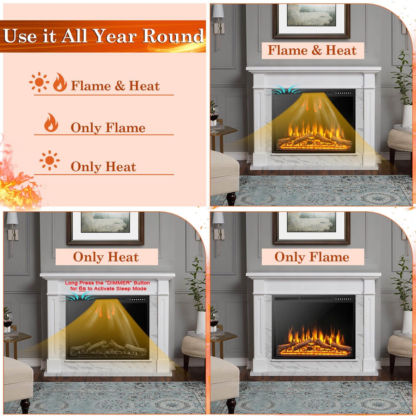 34" & 37" Recessed Electric Fireplace with Adjustable Flames & Customizable Heat Settings