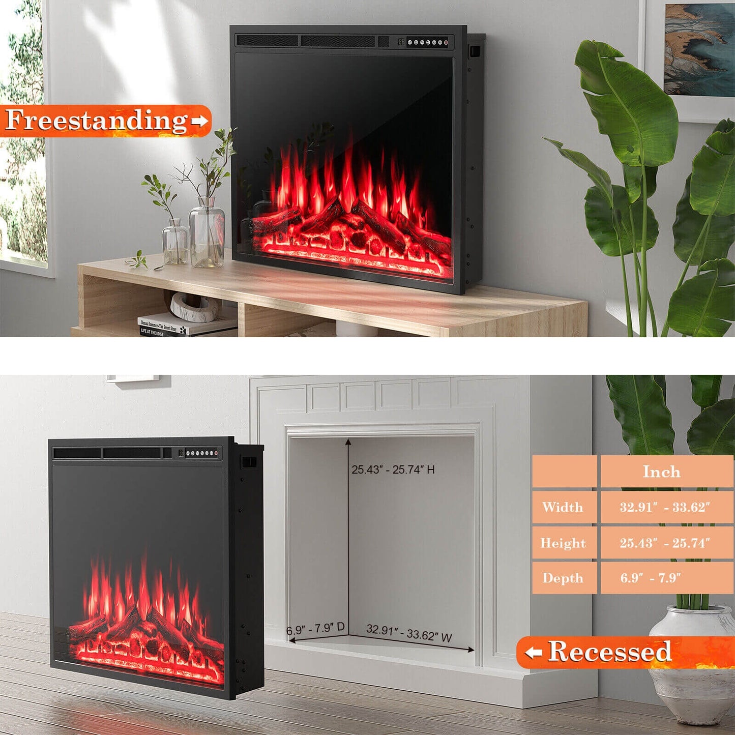 34" & 37" Recessed Electric Fireplace with Adjustable Flames & Customizable Heat Settings