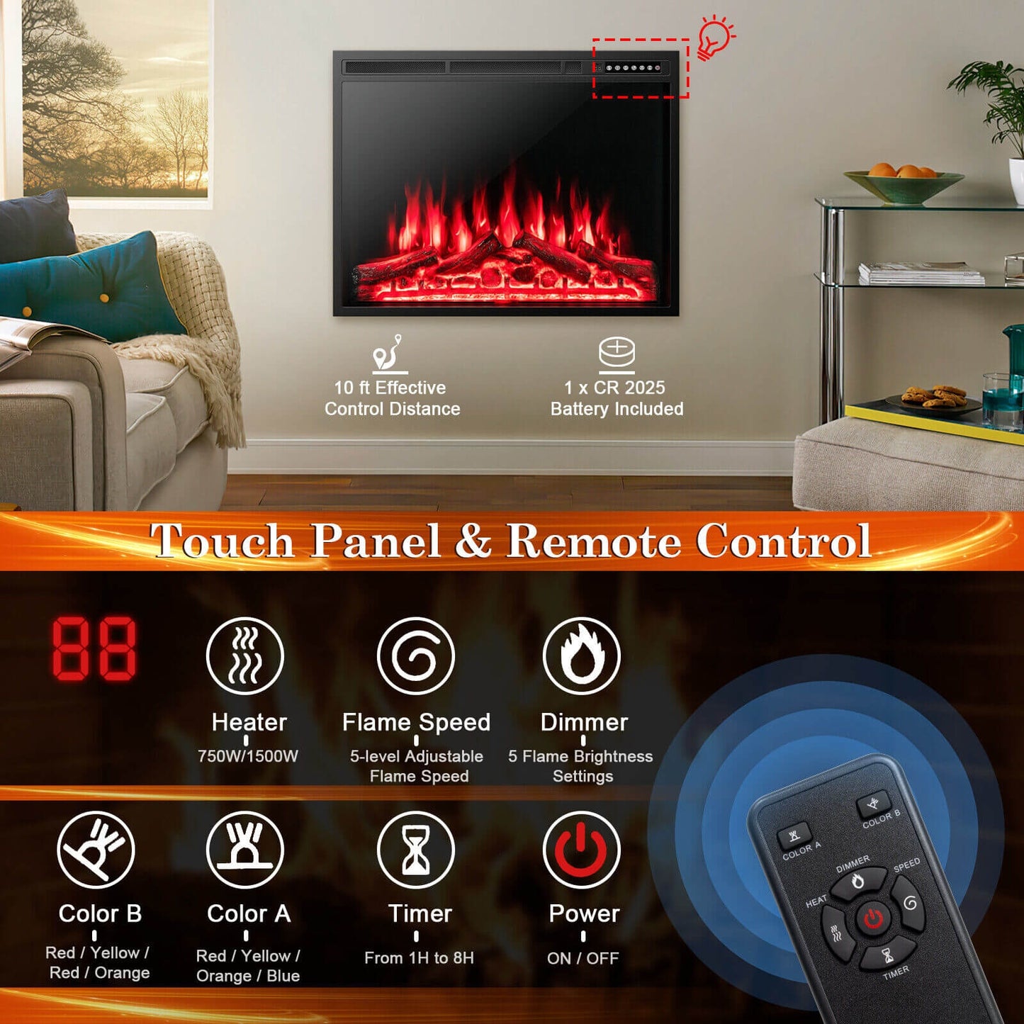 34" & 37" Recessed Electric Fireplace with Adjustable Flames & Customizable Heat Settings
