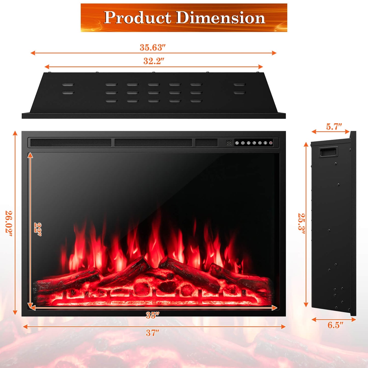 34" & 37" Recessed Electric Fireplace with Adjustable Flames & Customizable Heat Settings