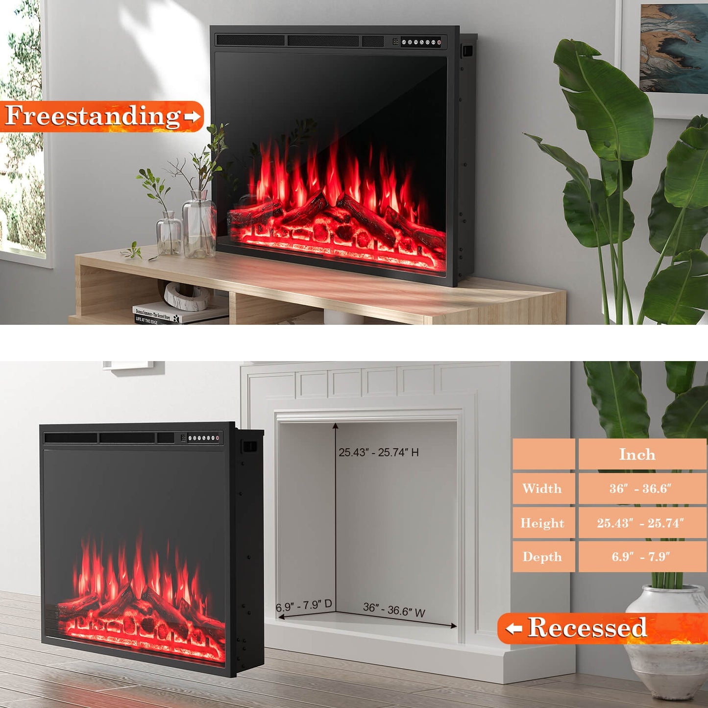 34" & 37" Recessed Electric Fireplace with Adjustable Flames & Customizable Heat Settings