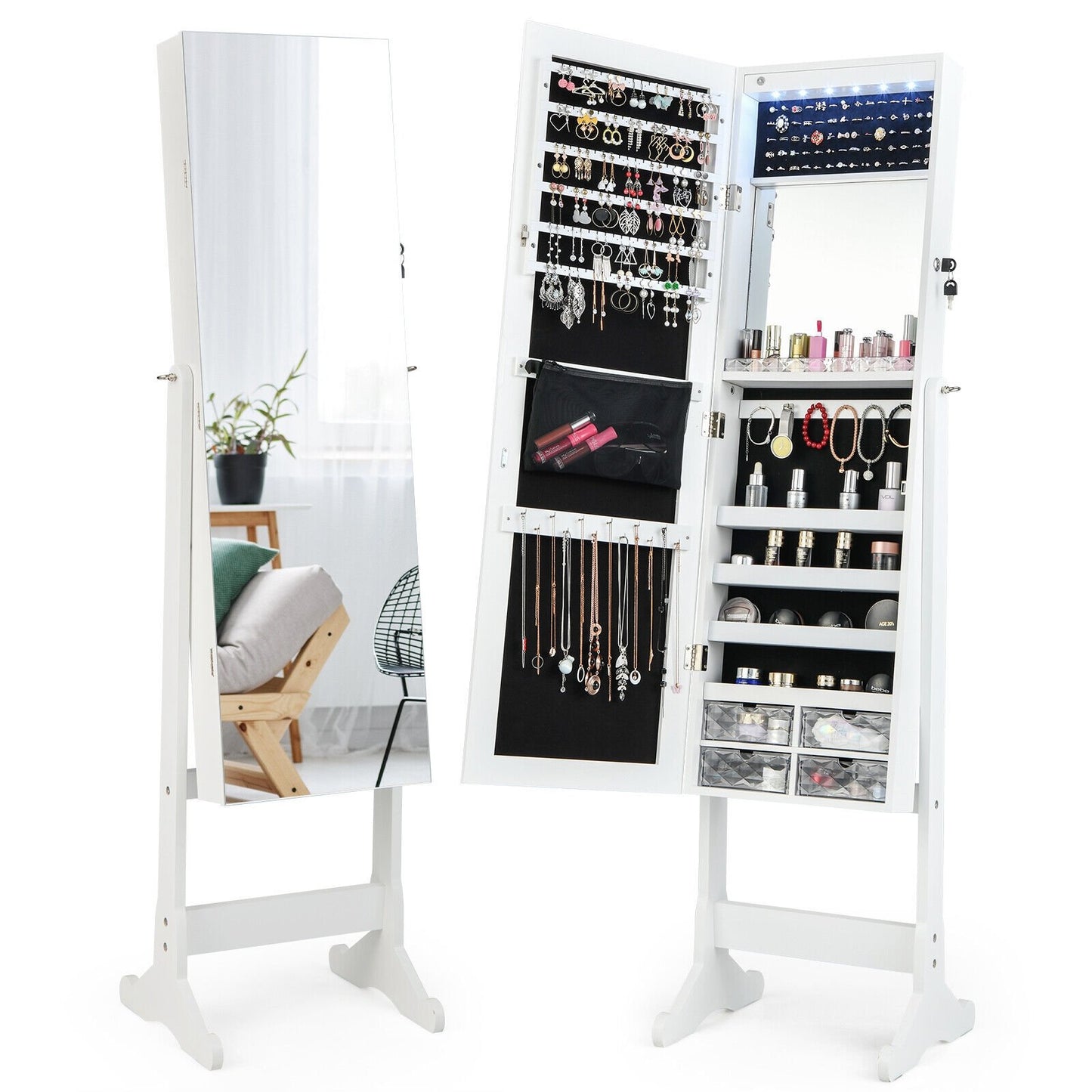 LED Lighted Full-Length Mirror Jewelry Armoire with Lockable Storage and Adjustable Angle – White