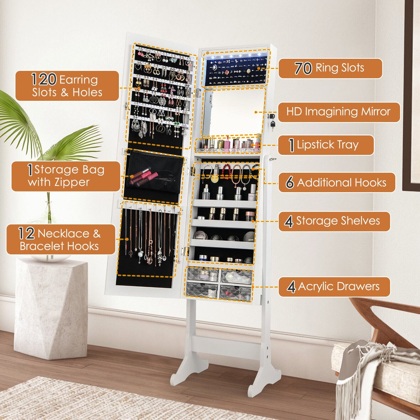 LED Lighted Full-Length Mirror Jewelry Armoire with Lockable Storage and Adjustable Angle – White