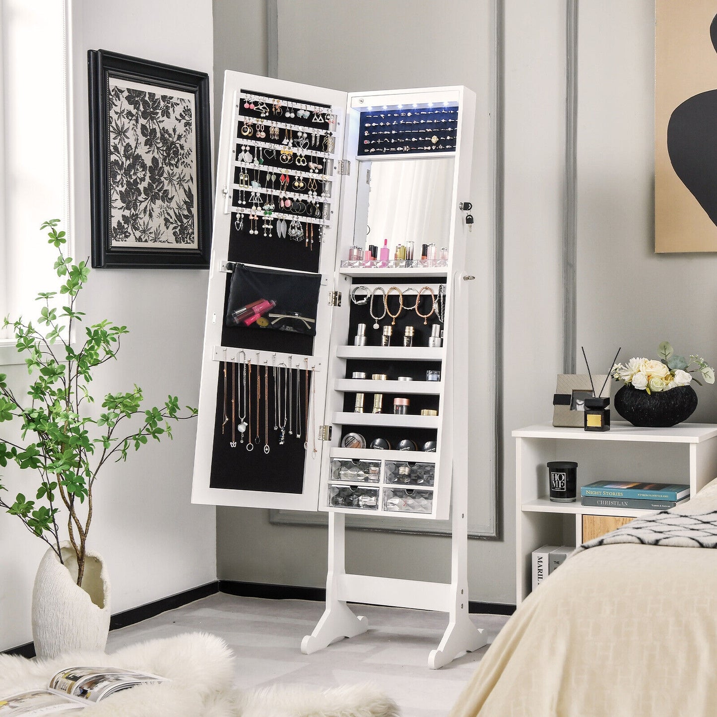 LED Lighted Full-Length Mirror Jewelry Armoire with Lockable Storage and Adjustable Angle – White