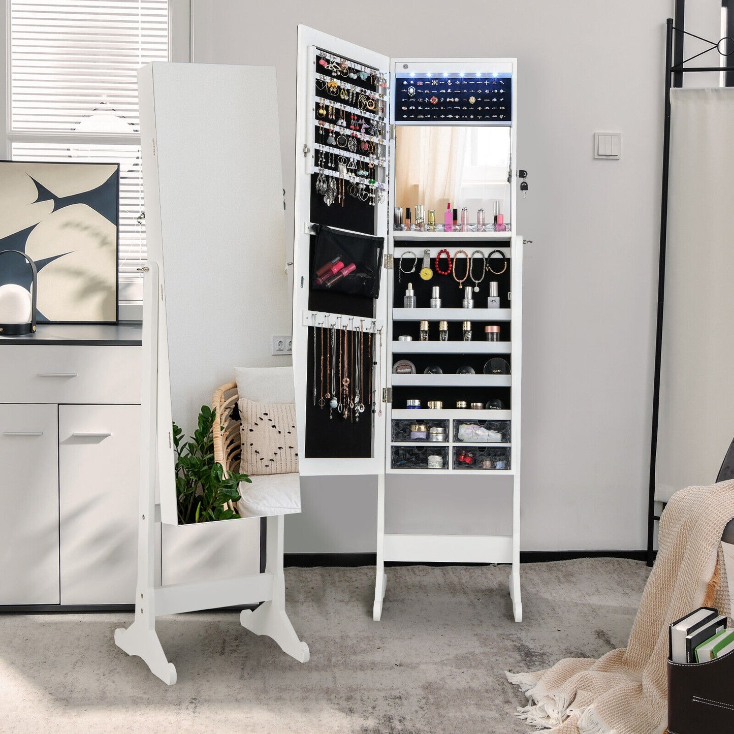LED Lighted Full-Length Mirror Jewelry Armoire with Lockable Storage and Adjustable Angle – White