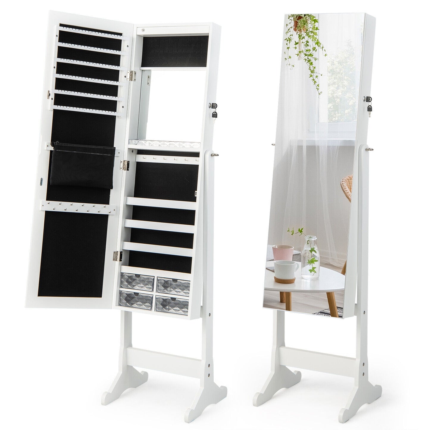 LED Lighted Full-Length Mirror Jewelry Armoire with Lockable Storage and Adjustable Angle – White