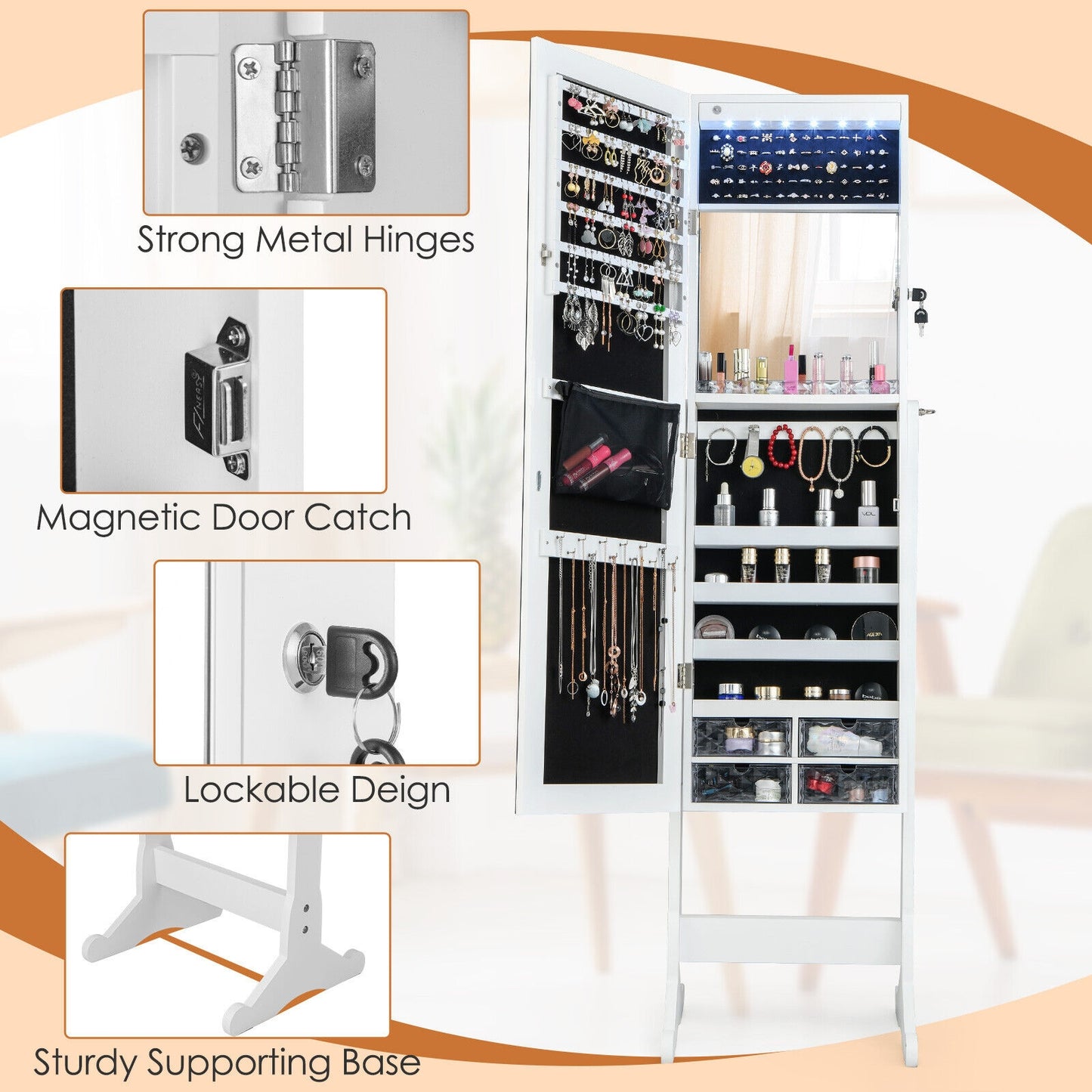 LED Lighted Full-Length Mirror Jewelry Armoire with Lockable Storage and Adjustable Angle – White