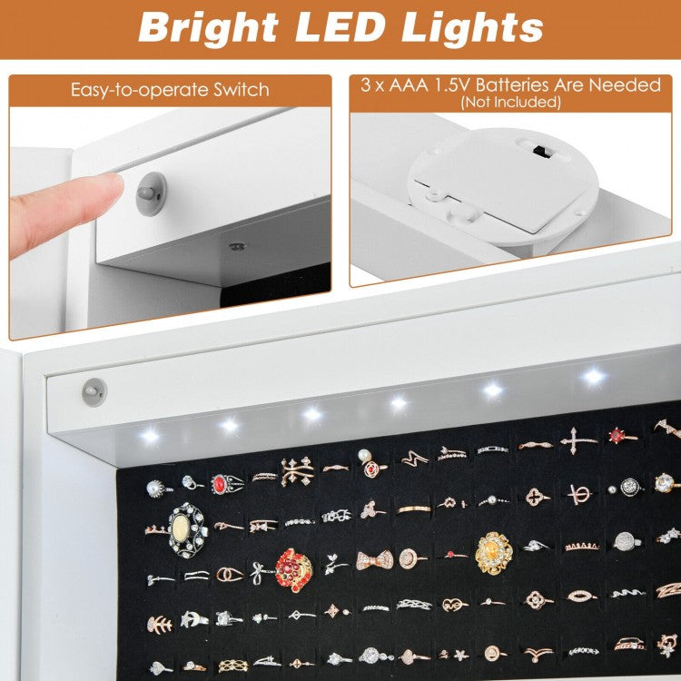 LED Lighted Full-Length Mirror Jewelry Armoire with Lockable Storage and Adjustable Angle – White