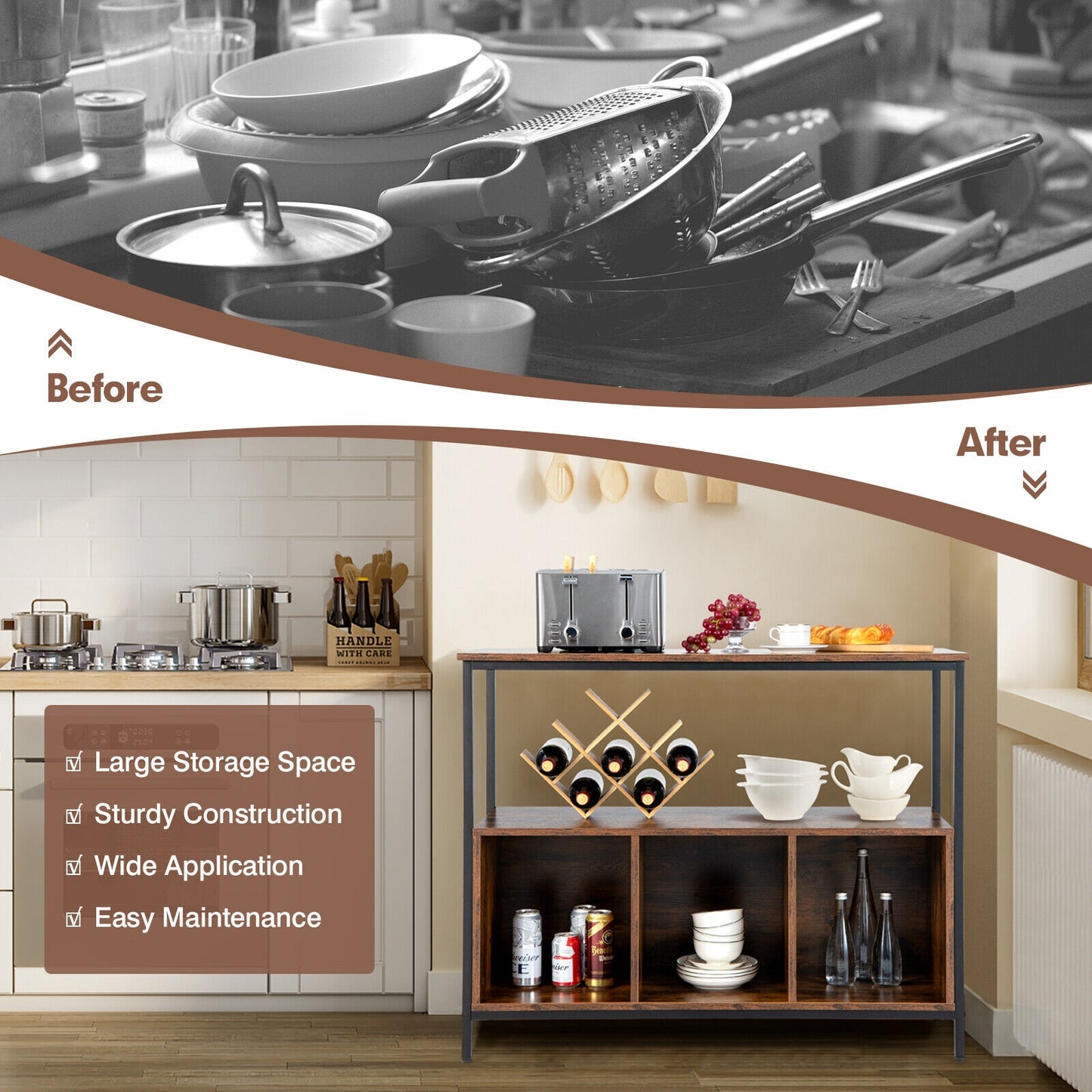 Multipurpose Buffet Sideboard Cabinet with Open Shelves and Storage Compartments - Rustic Brown