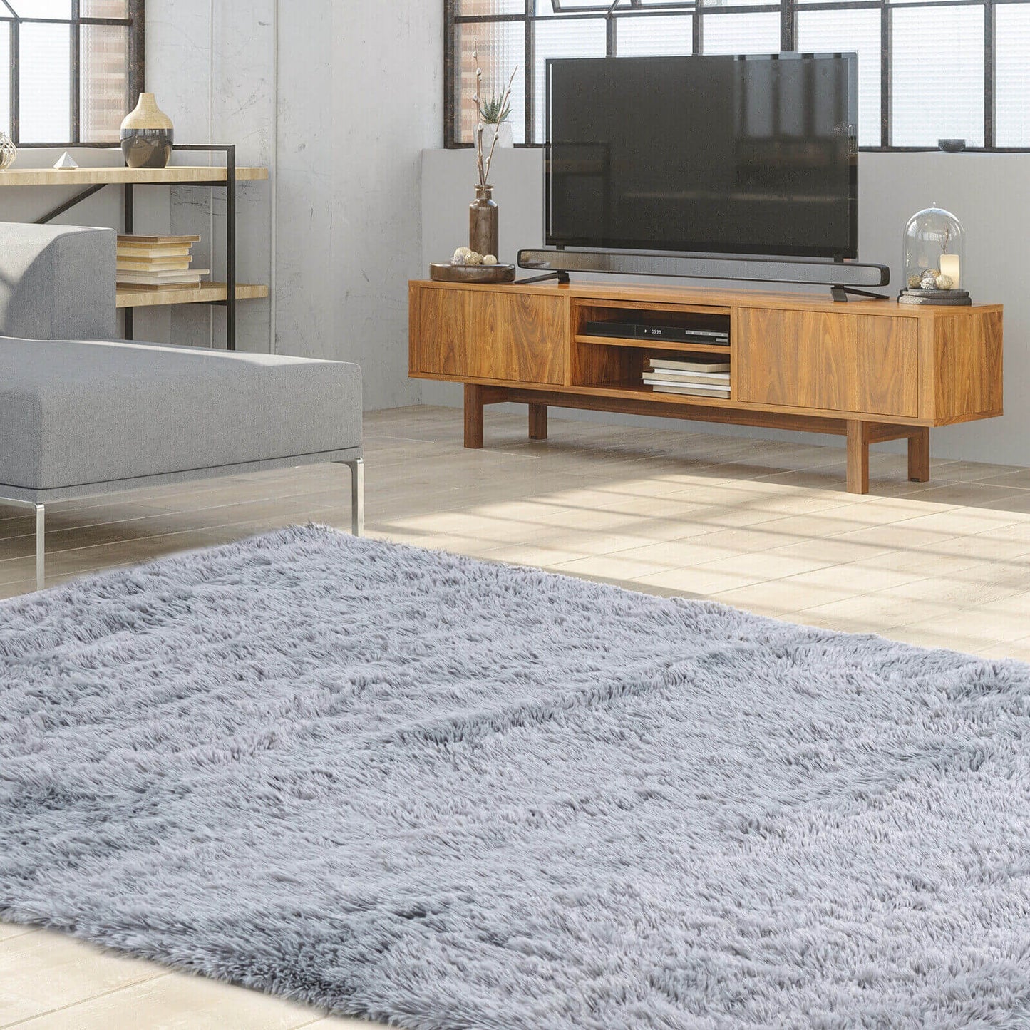 5 x 7 Feet Soft Shag Area Rug for Living Room and Bedroom – Modern Light Grey Rectangular Design