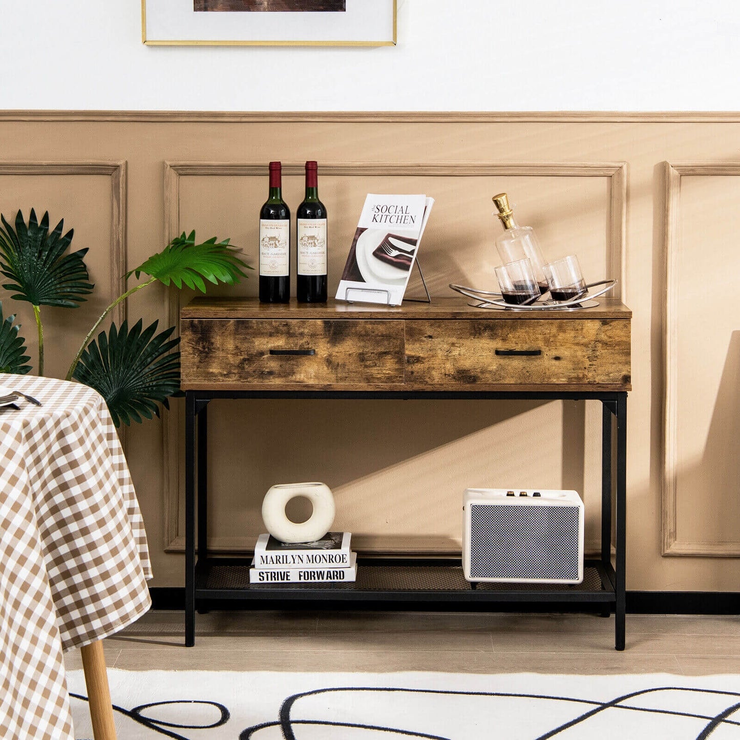 Industrial Style Console Table with 2 Drawers and Steel Frame for Small Areas