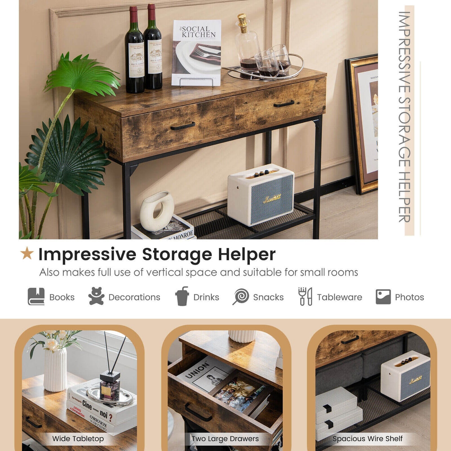 Industrial Style Console Table with 2 Drawers and Steel Frame for Small Areas
