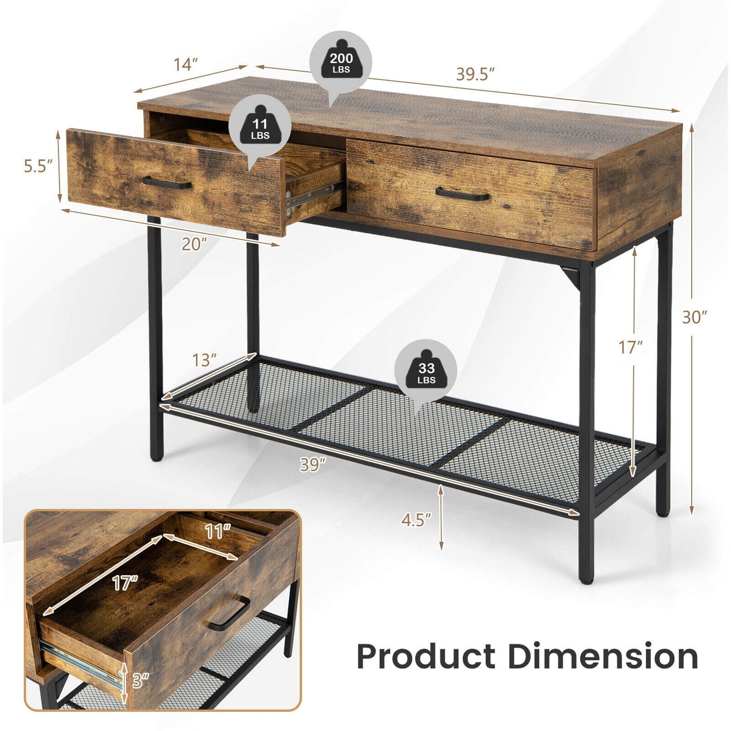 Industrial Style Console Table with 2 Drawers and Steel Frame for Small Areas