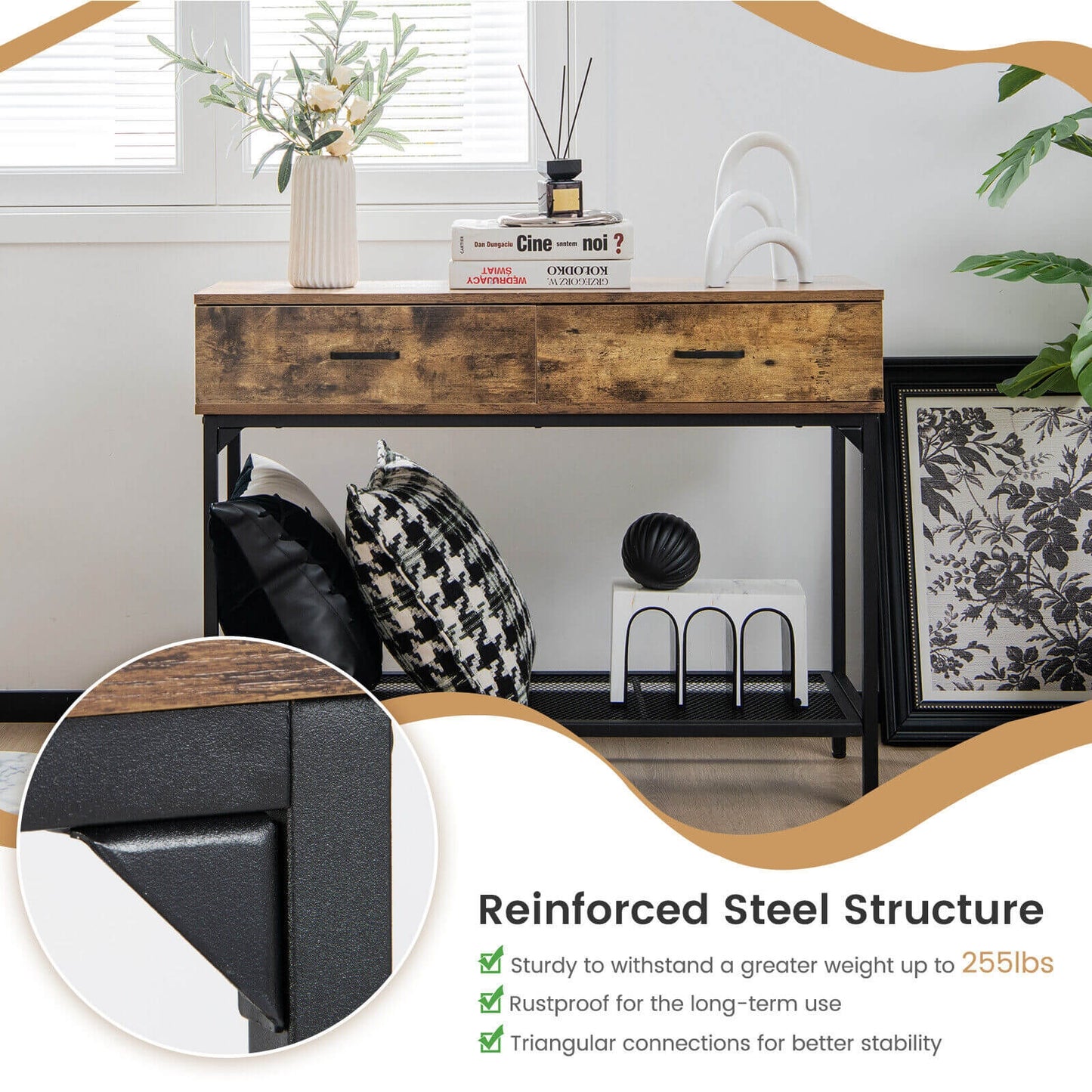 Industrial Style Console Table with 2 Drawers and Steel Frame for Small Areas