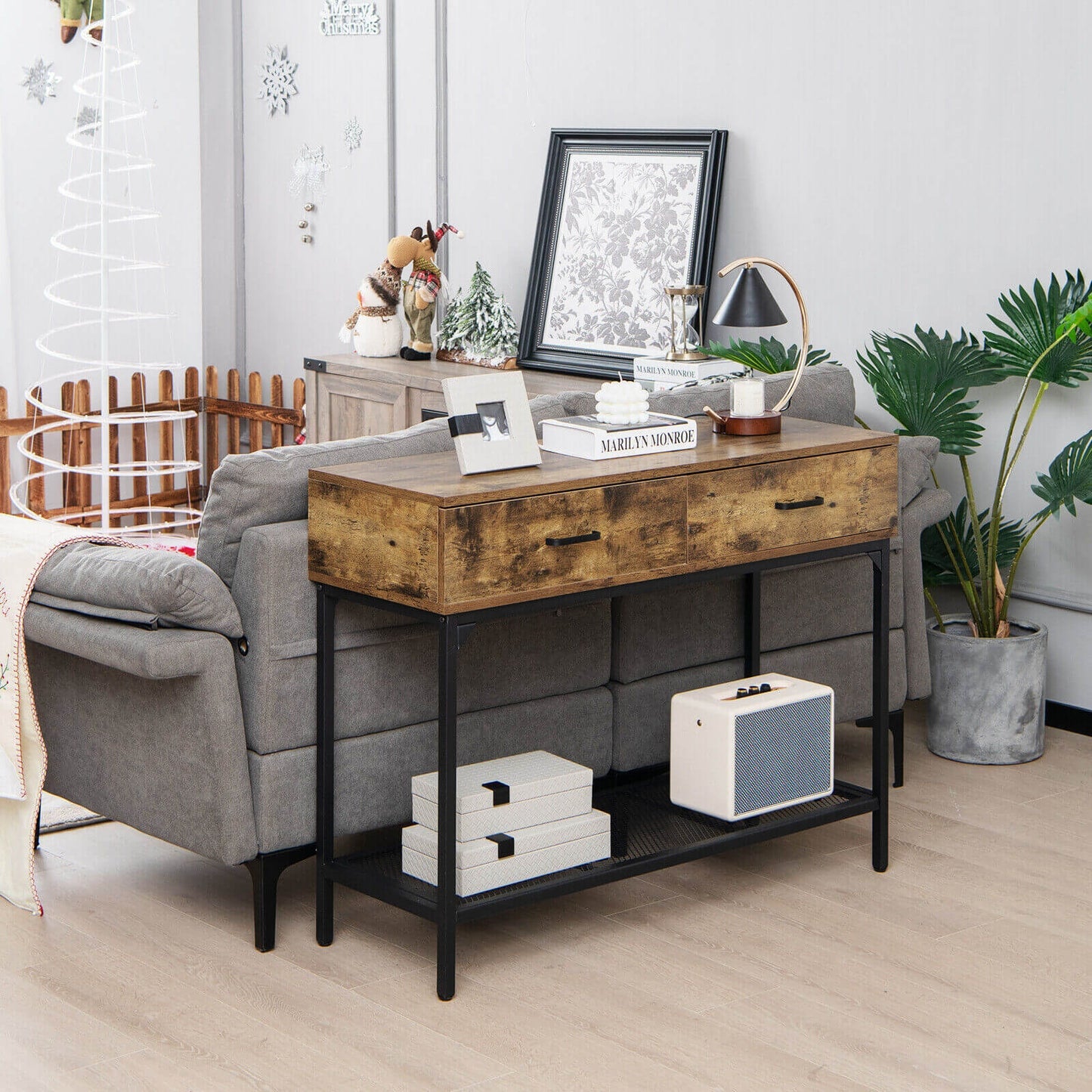 Industrial Style Console Table with 2 Drawers and Steel Frame for Small Areas