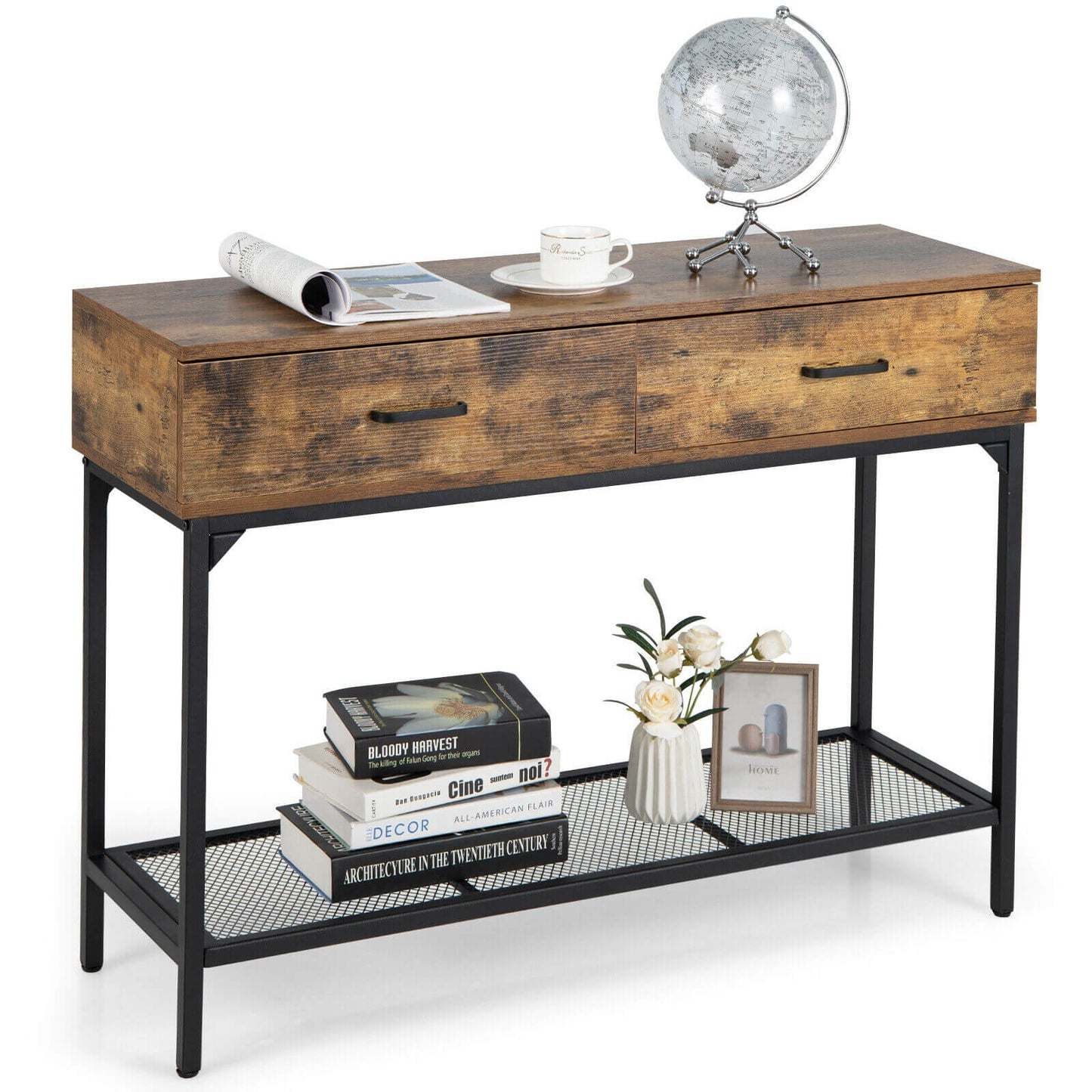 Industrial Style Console Table with 2 Drawers and Steel Frame for Small Areas