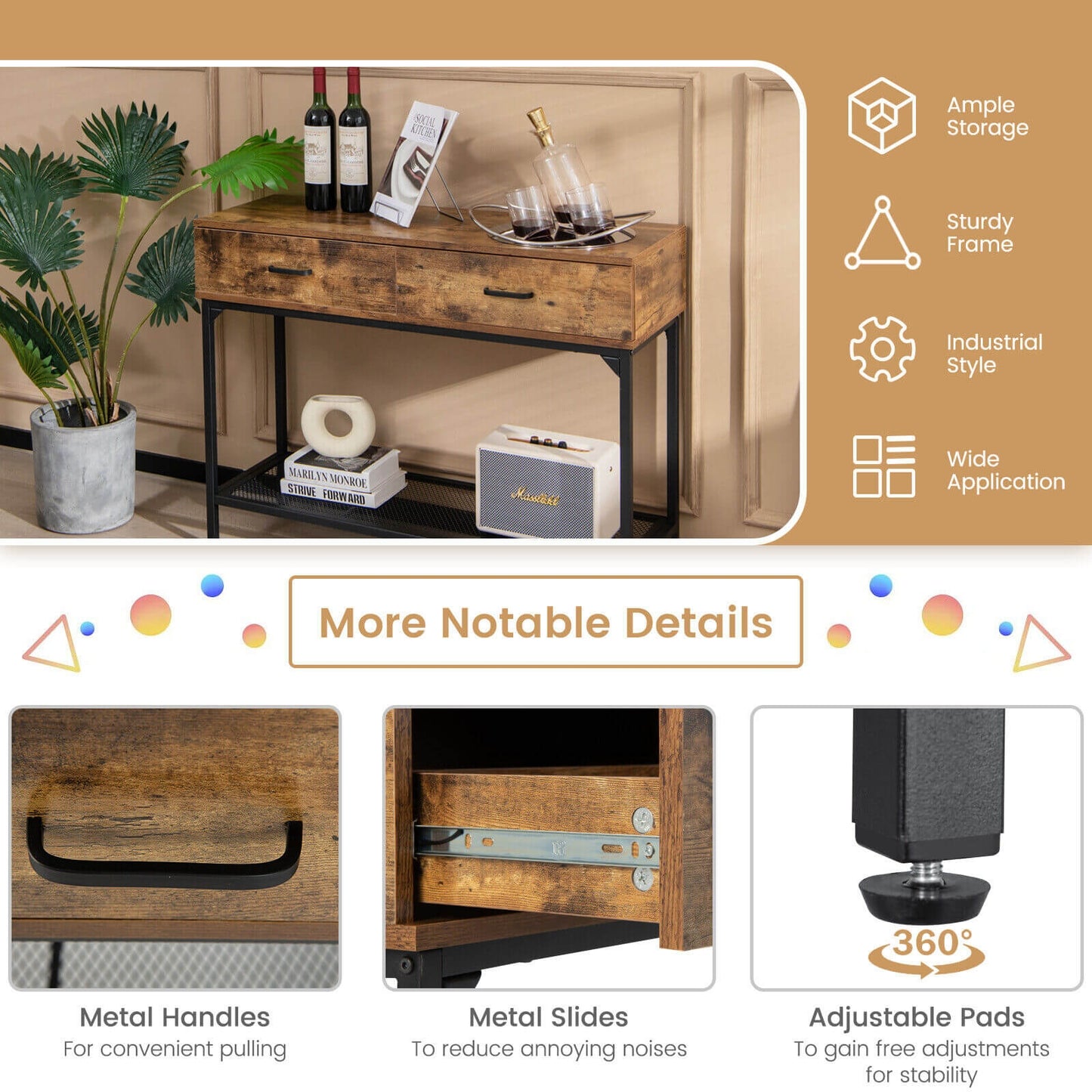 Industrial Style Console Table with 2 Drawers and Steel Frame for Small Areas