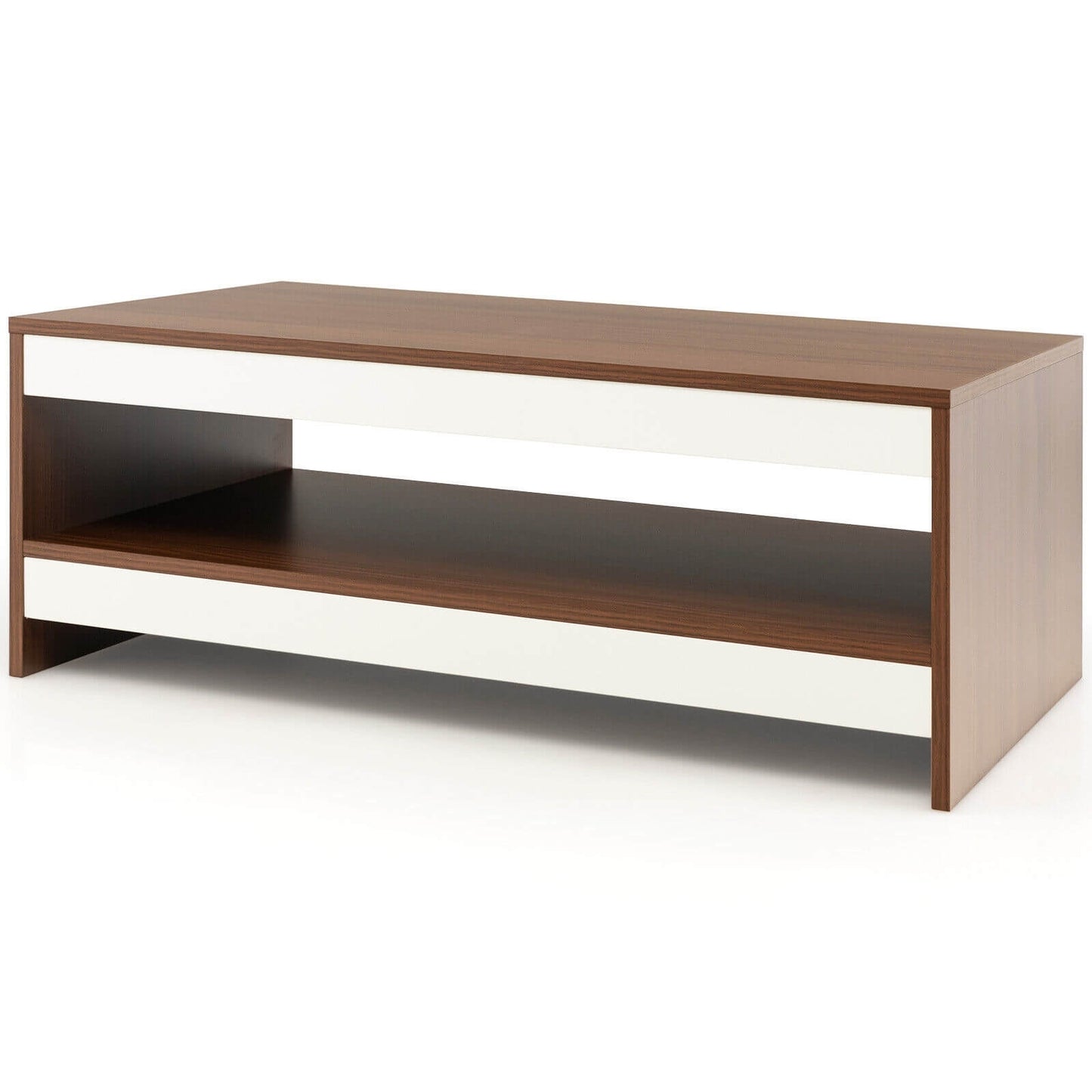 Wood Coffee Table with Open Storage Shelf 37 Inch Rectangular Two-Tier Design