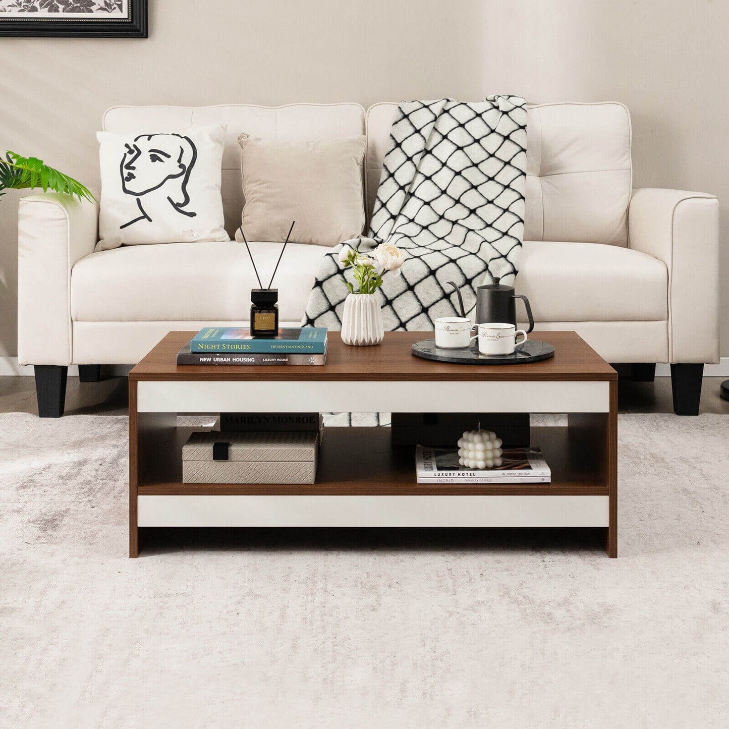 Wood Coffee Table with Open Storage Shelf 37 Inch Rectangular Two-Tier Design