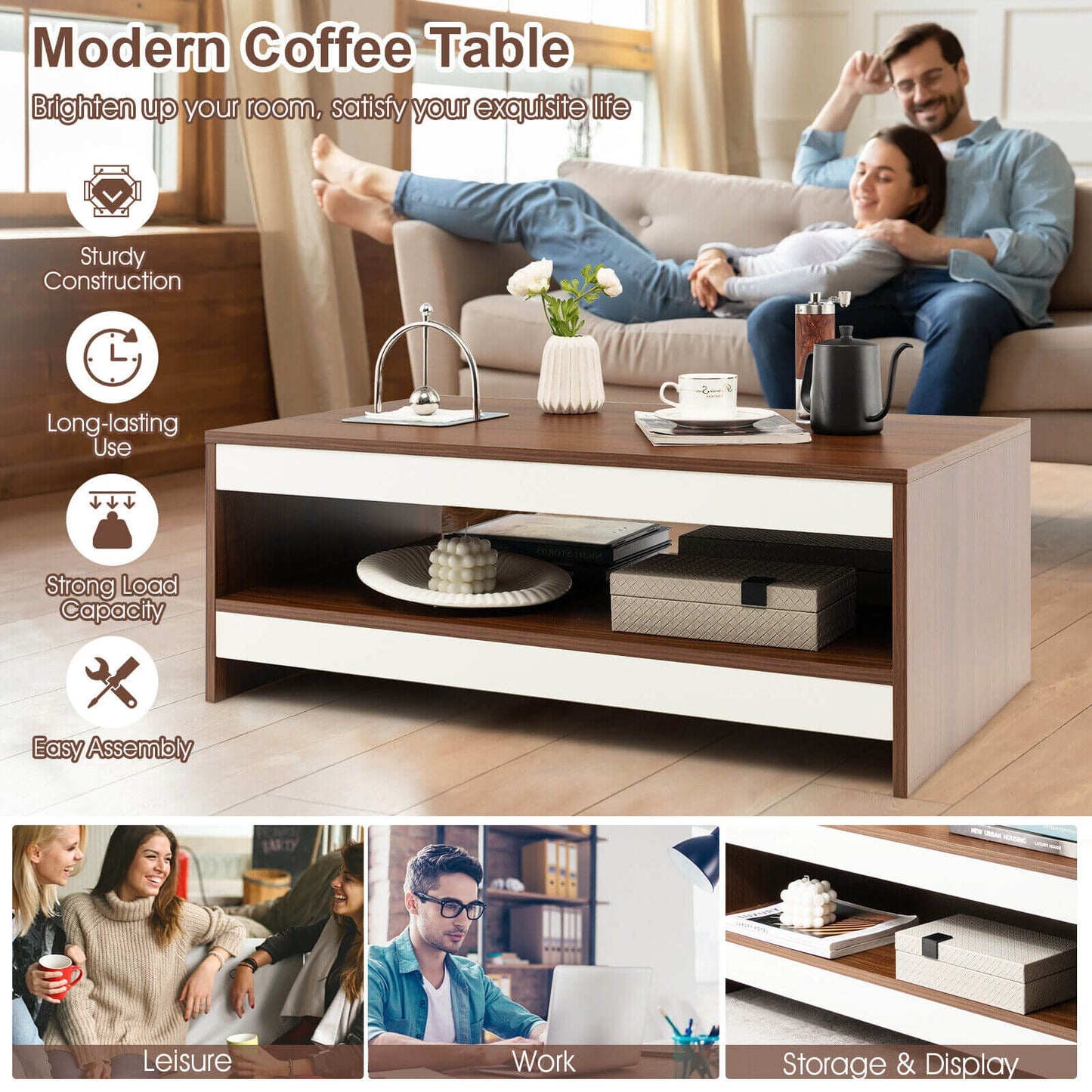 Wood Coffee Table with Open Storage Shelf 37 Inch Rectangular Two-Tier Design