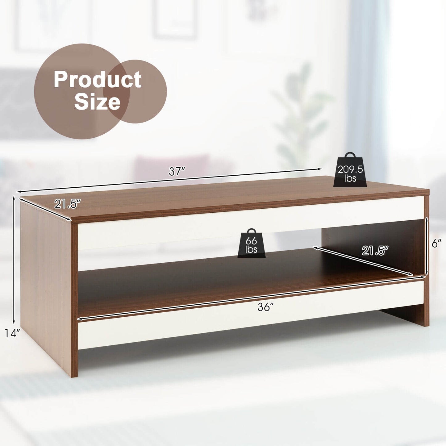 Wood Coffee Table with Open Storage Shelf 37 Inch Rectangular Two-Tier Design