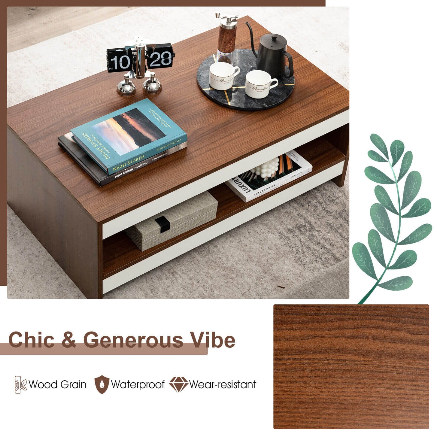 Wood Coffee Table with Open Storage Shelf 37 Inch Rectangular Two-Tier Design
