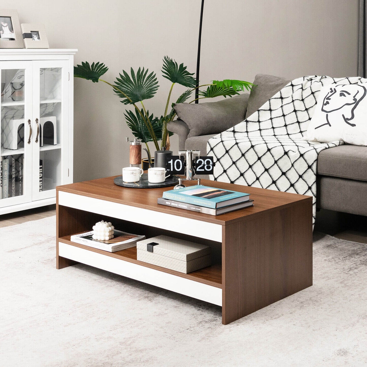 Wood Coffee Table with Open Storage Shelf 37 Inch Rectangular Two-Tier Design