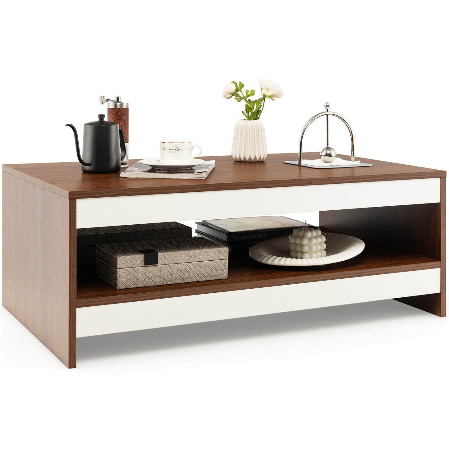 Wood Coffee Table with Open Storage Shelf 37 Inch Rectangular Two-Tier Design