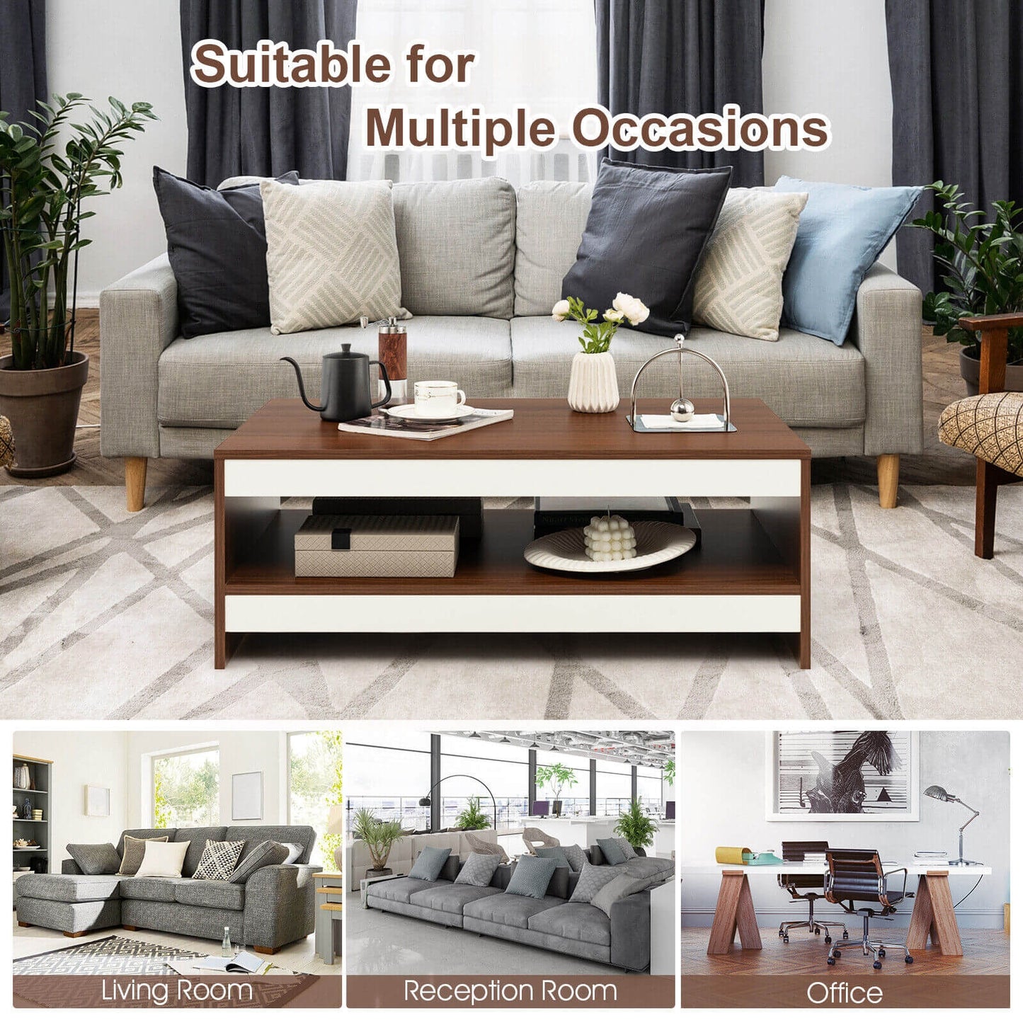Wood Coffee Table with Open Storage Shelf 37 Inch Rectangular Two-Tier Design