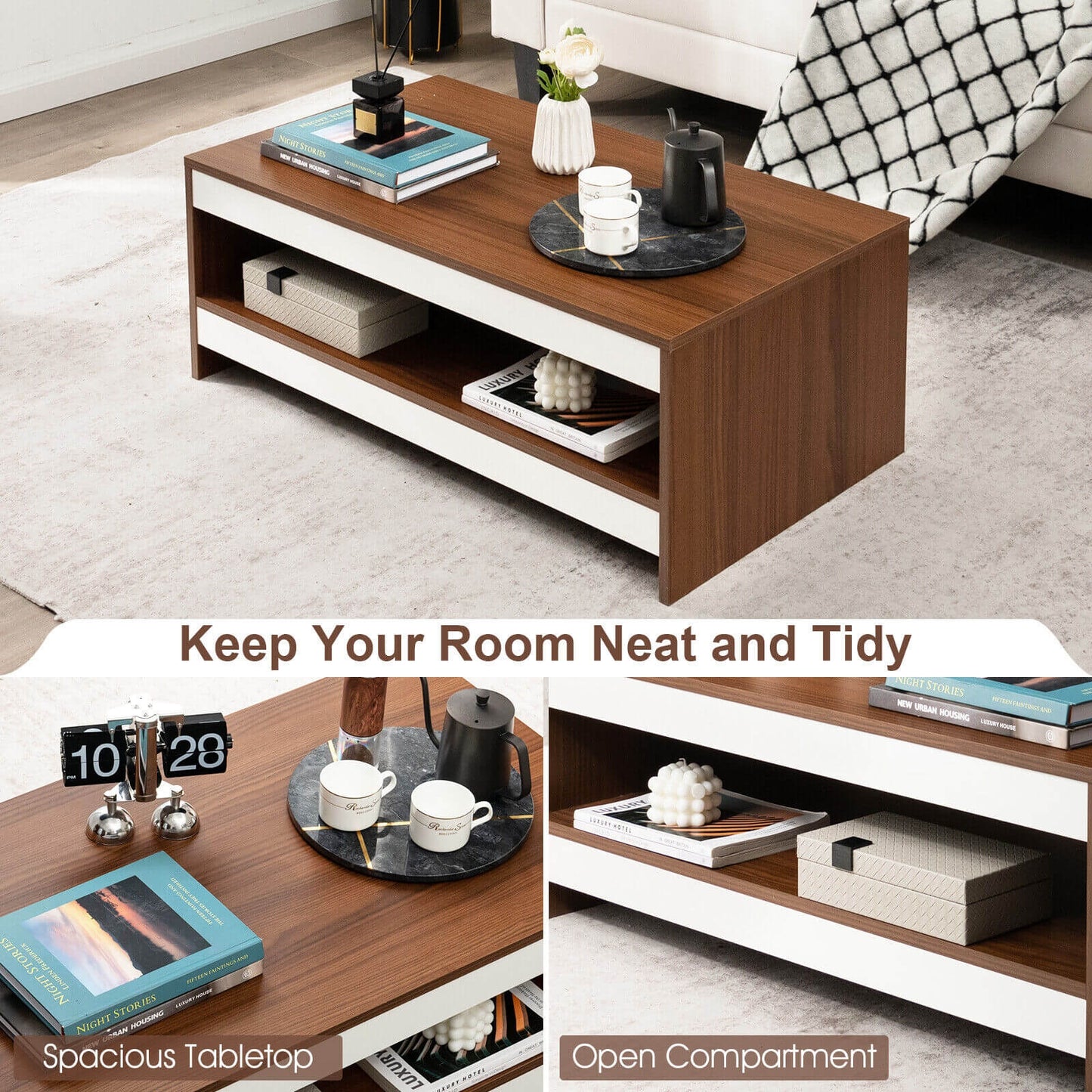 Wood Coffee Table with Open Storage Shelf 37 Inch Rectangular Two-Tier Design