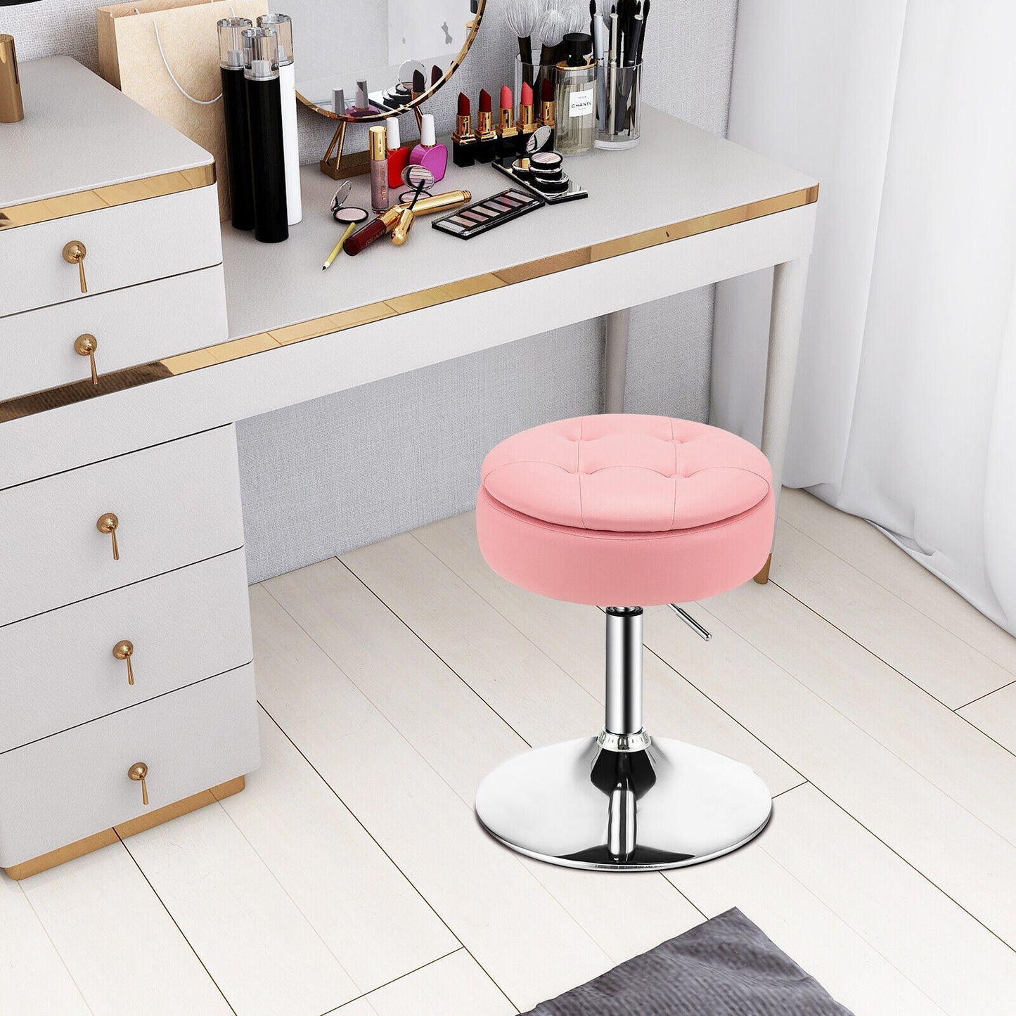 Stool with Hidden Storage, Adjustable Height, 360° Swivel Seat, Removable Tray Top - Pink