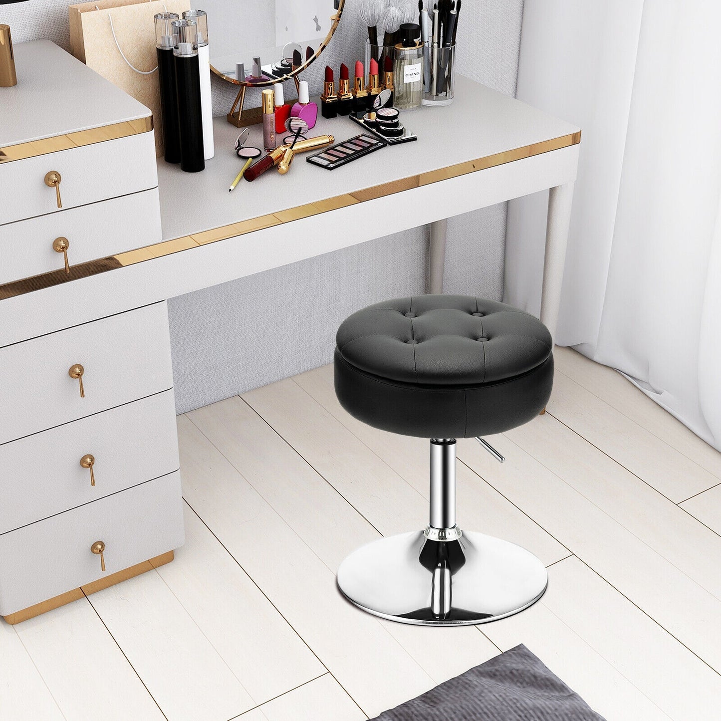 Stool with Hidden Storage, Adjustable Height, 360° Swivel Seat, Removable Tray Top - Black
