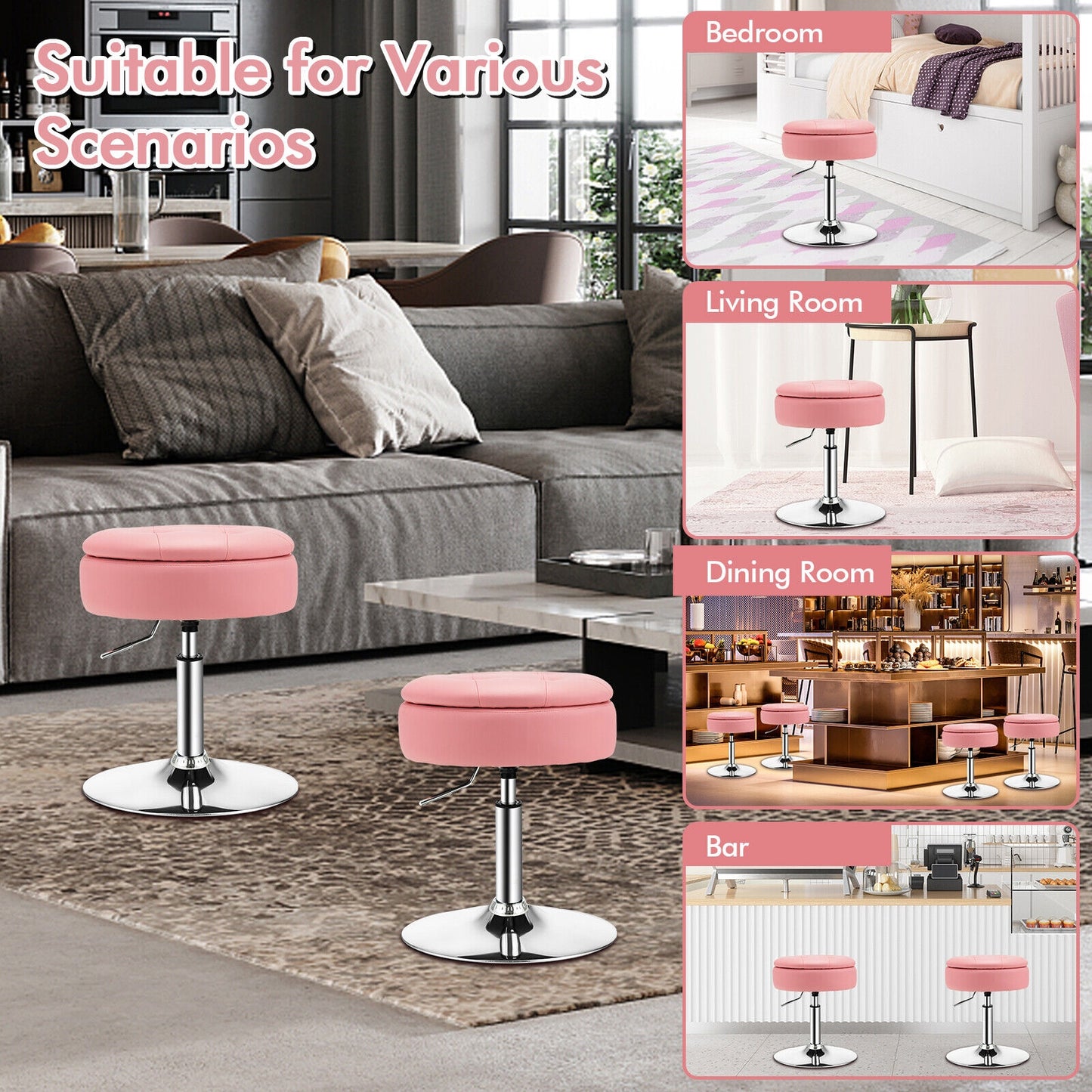 Stool with Hidden Storage, Adjustable Height, 360° Swivel Seat, Removable Tray Top - Pink