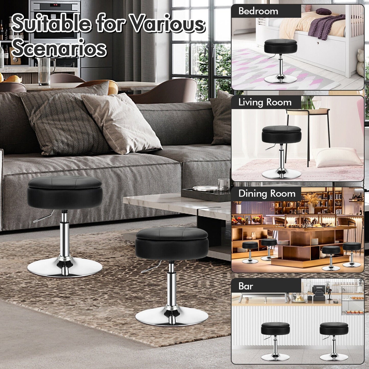 Stool with Hidden Storage, Adjustable Height, 360° Swivel Seat, Removable Tray Top - Black