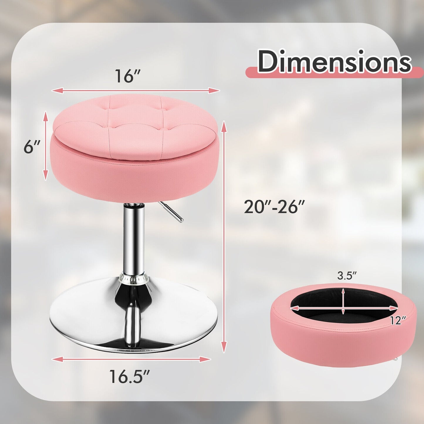 Stool with Hidden Storage, Adjustable Height, 360° Swivel Seat, Removable Tray Top - Pink