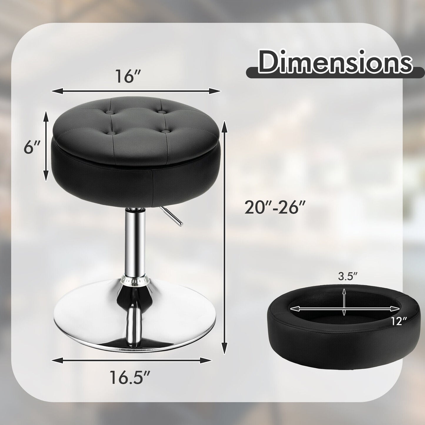 Stool with Hidden Storage, Adjustable Height, 360° Swivel Seat, Removable Tray Top - Black