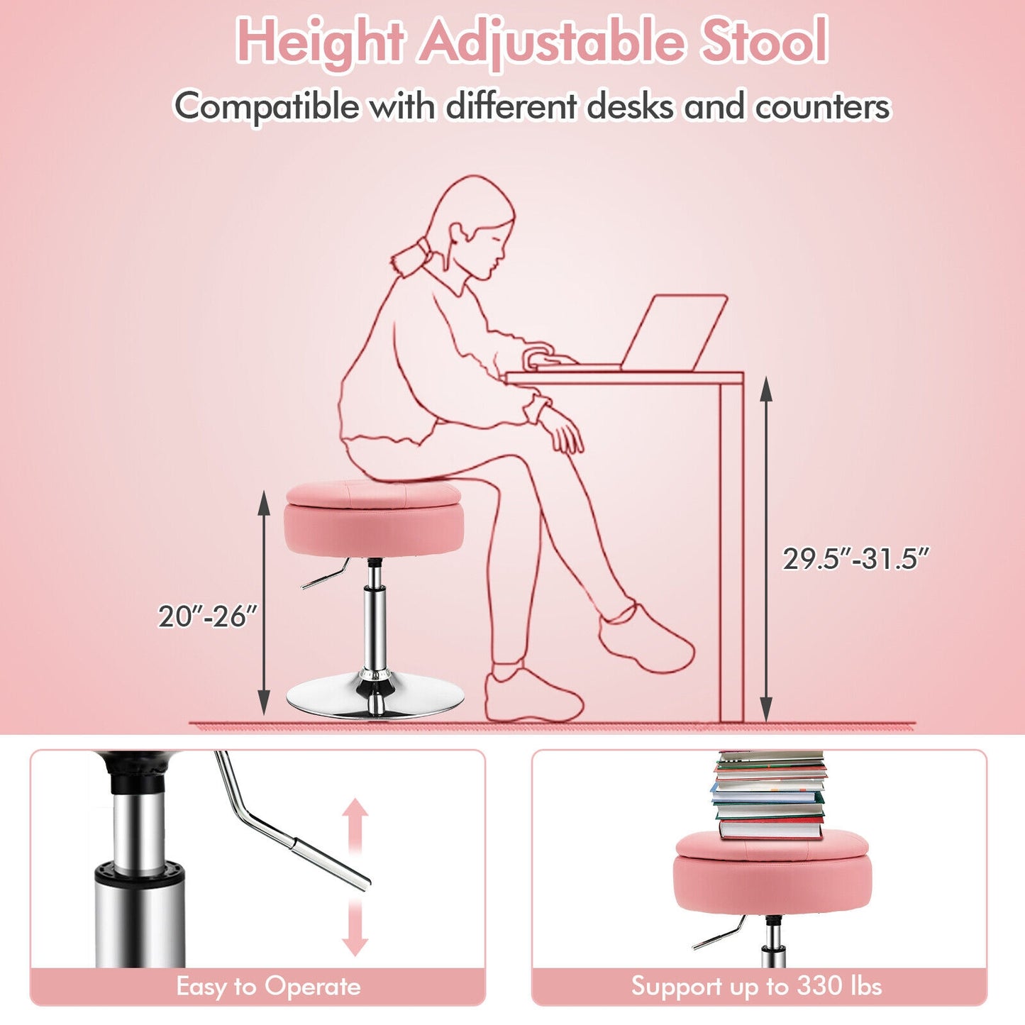 Stool with Hidden Storage, Adjustable Height, 360° Swivel Seat, Removable Tray Top - Pink