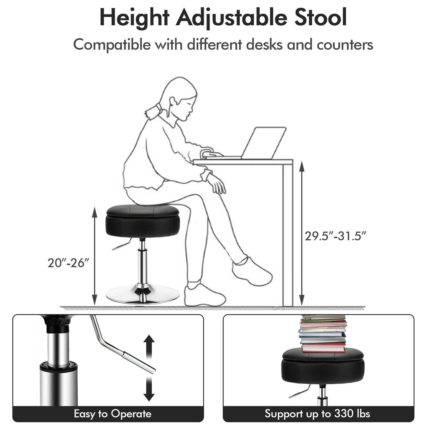 Stool with Hidden Storage, Adjustable Height, 360° Swivel Seat, Removable Tray Top - Black
