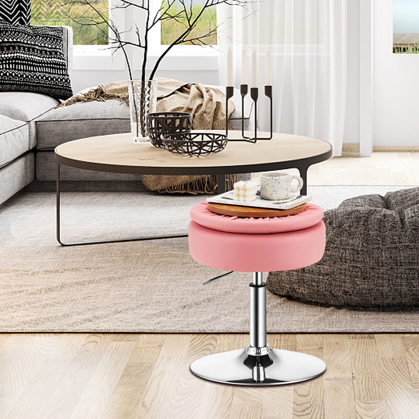 Stool with Hidden Storage, Adjustable Height, 360° Swivel Seat, Removable Tray Top - Pink