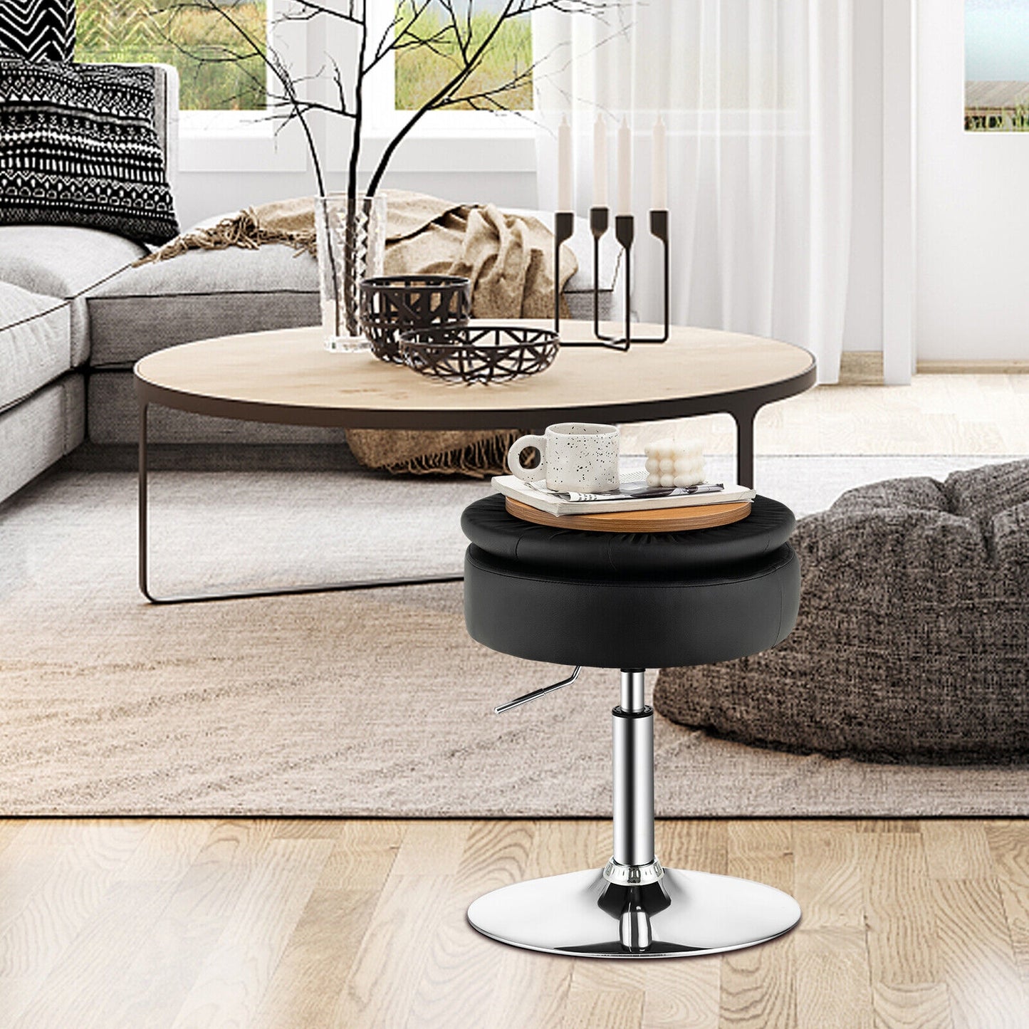 Stool with Hidden Storage, Adjustable Height, 360° Swivel Seat, Removable Tray Top - Black