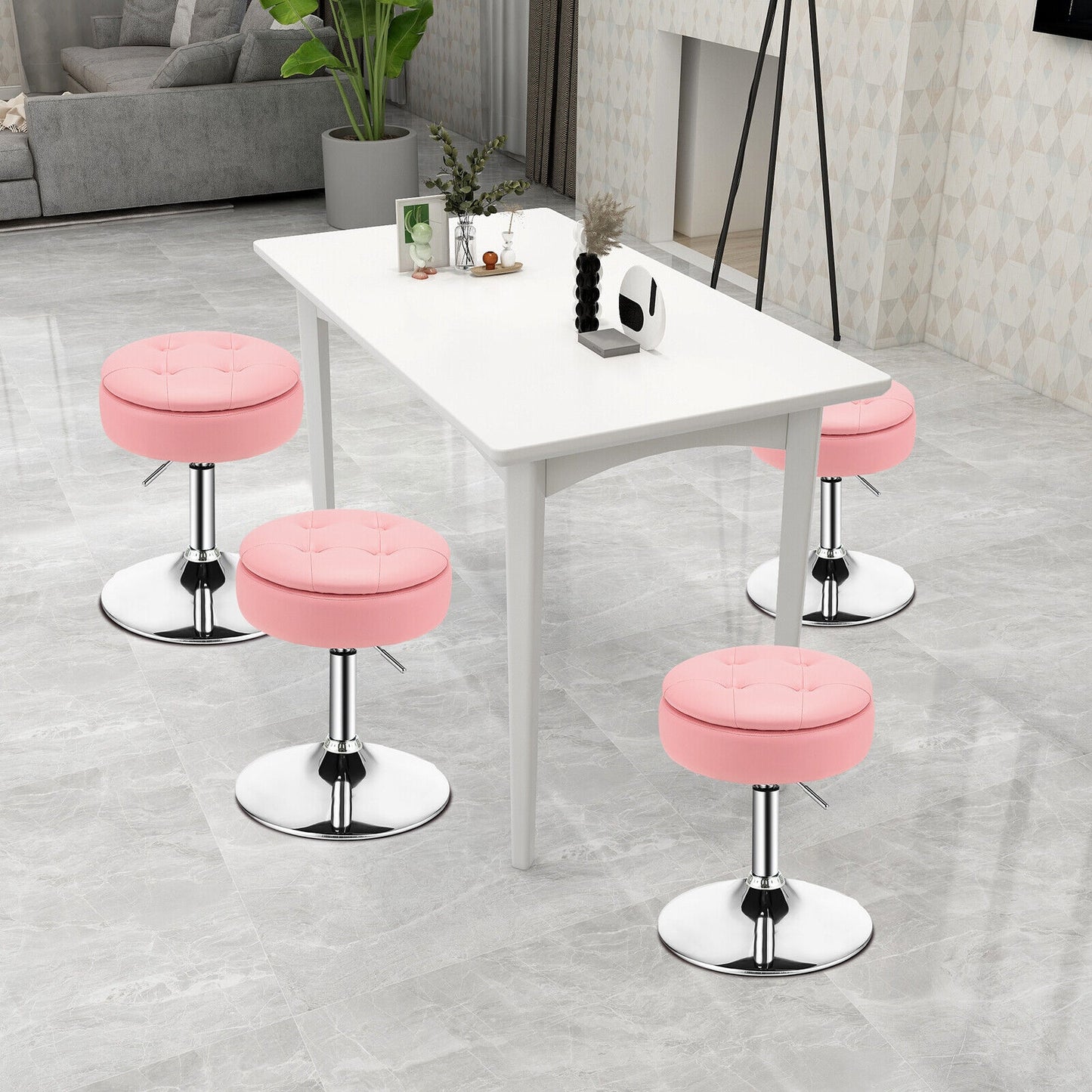 Stool with Hidden Storage, Adjustable Height, 360° Swivel Seat, Removable Tray Top - Pink
