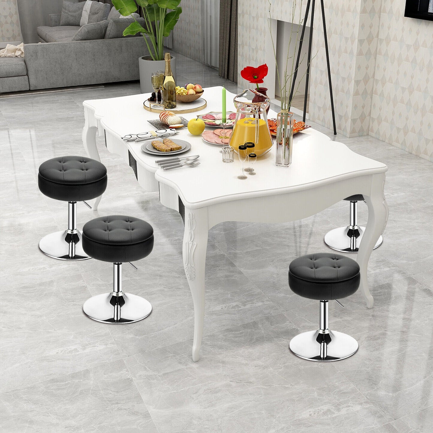 Stool with Hidden Storage, Adjustable Height, 360° Swivel Seat, Removable Tray Top - Black