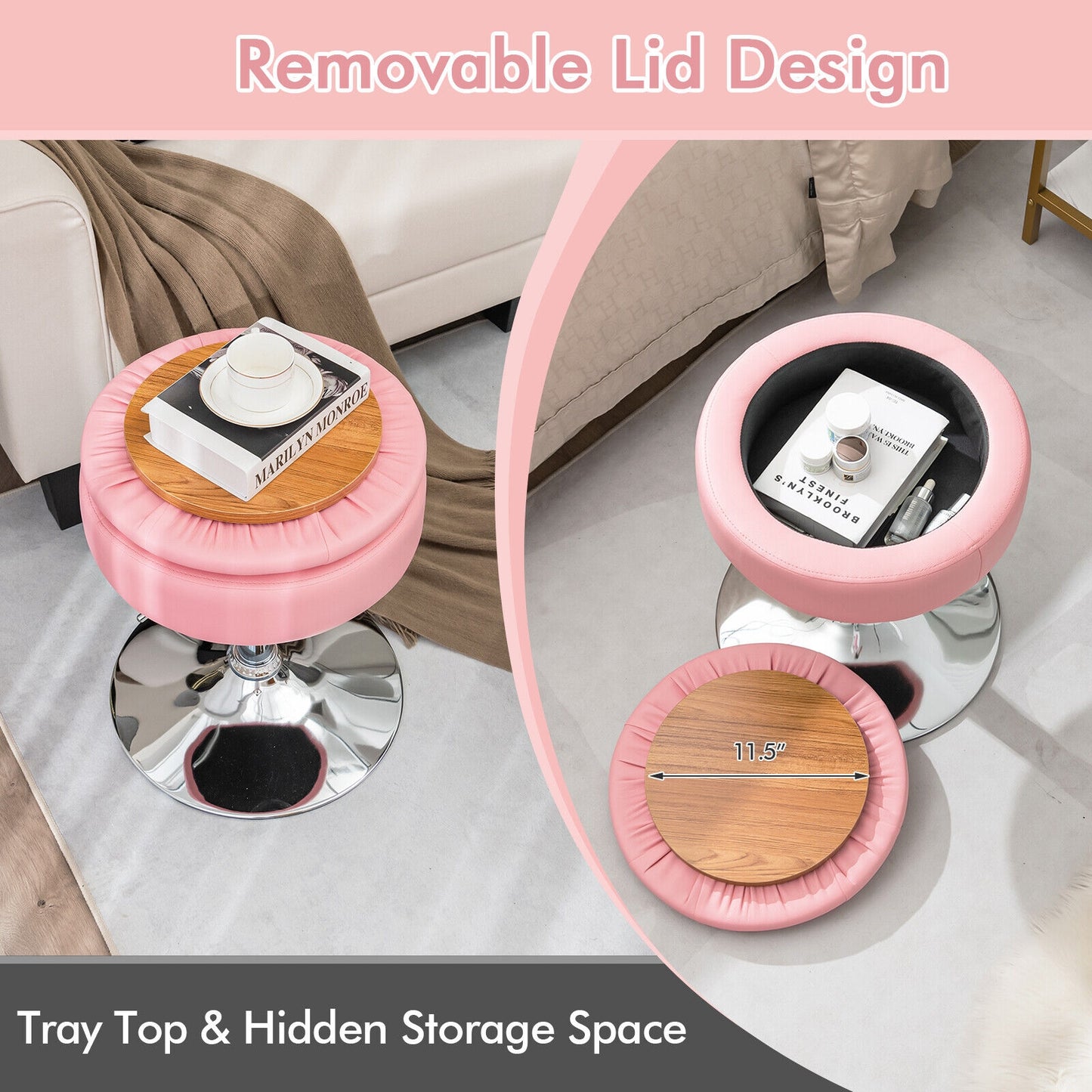 Stool with Hidden Storage, Adjustable Height, 360° Swivel Seat, Removable Tray Top - Pink