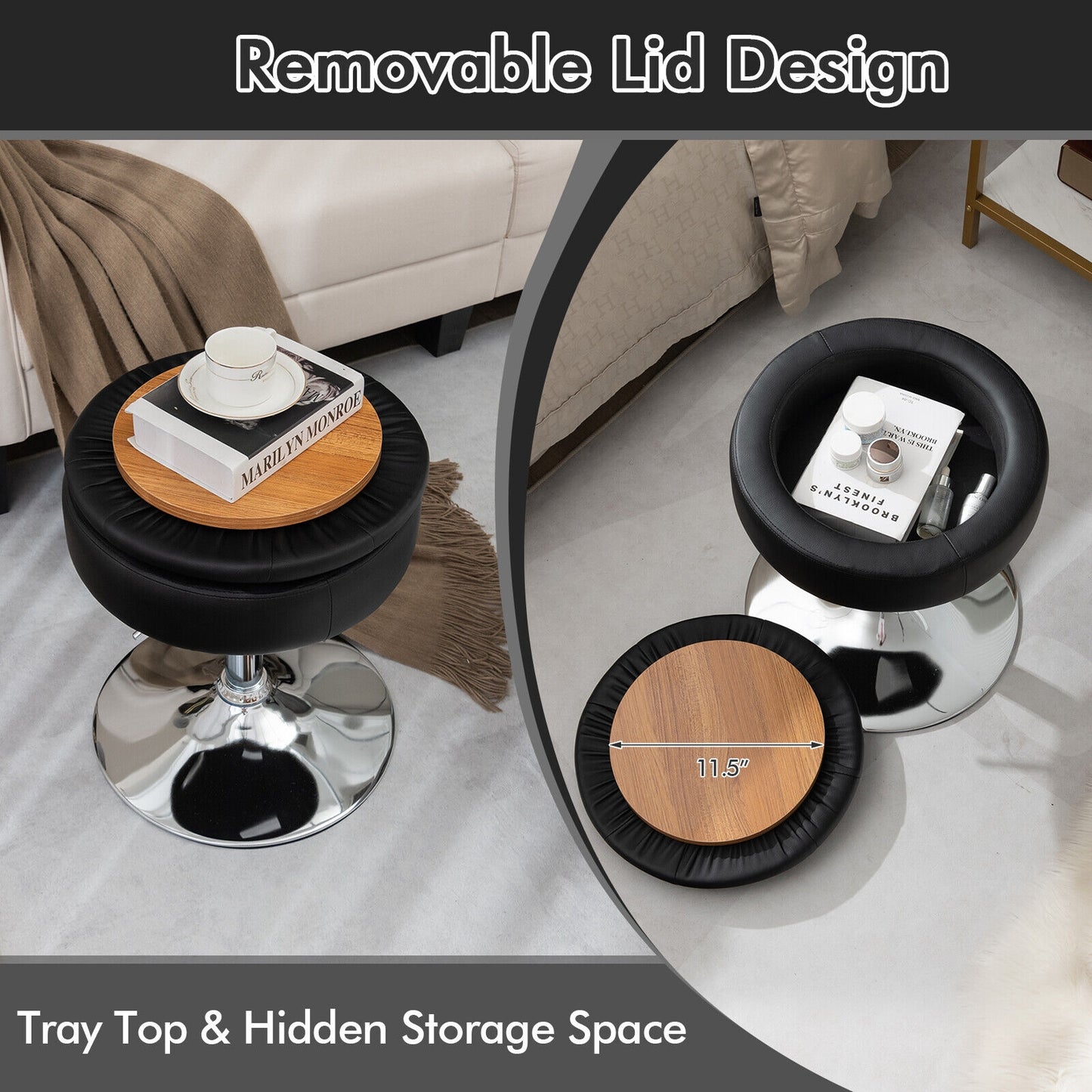 Stool with Hidden Storage, Adjustable Height, 360° Swivel Seat, Removable Tray Top - Black