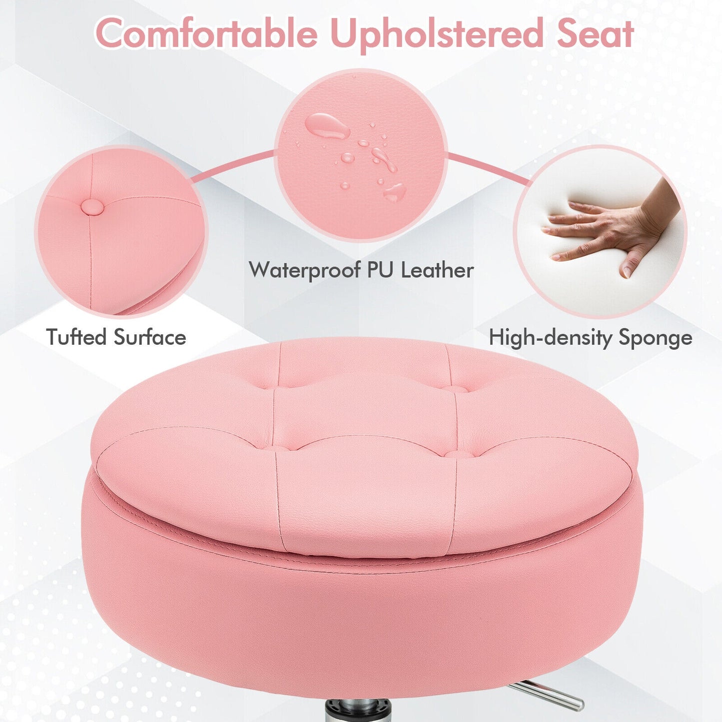 Stool with Hidden Storage, Adjustable Height, 360° Swivel Seat, Removable Tray Top - Pink