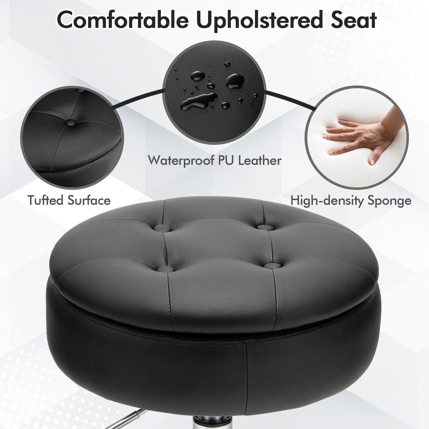 Stool with Hidden Storage, Adjustable Height, 360° Swivel Seat, Removable Tray Top - Black