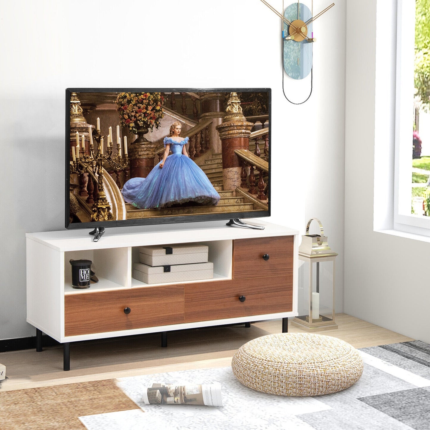 Modern TV Stand for TVs up to 50 Inches with 3 Storage Drawers and 2 Open Cubbies