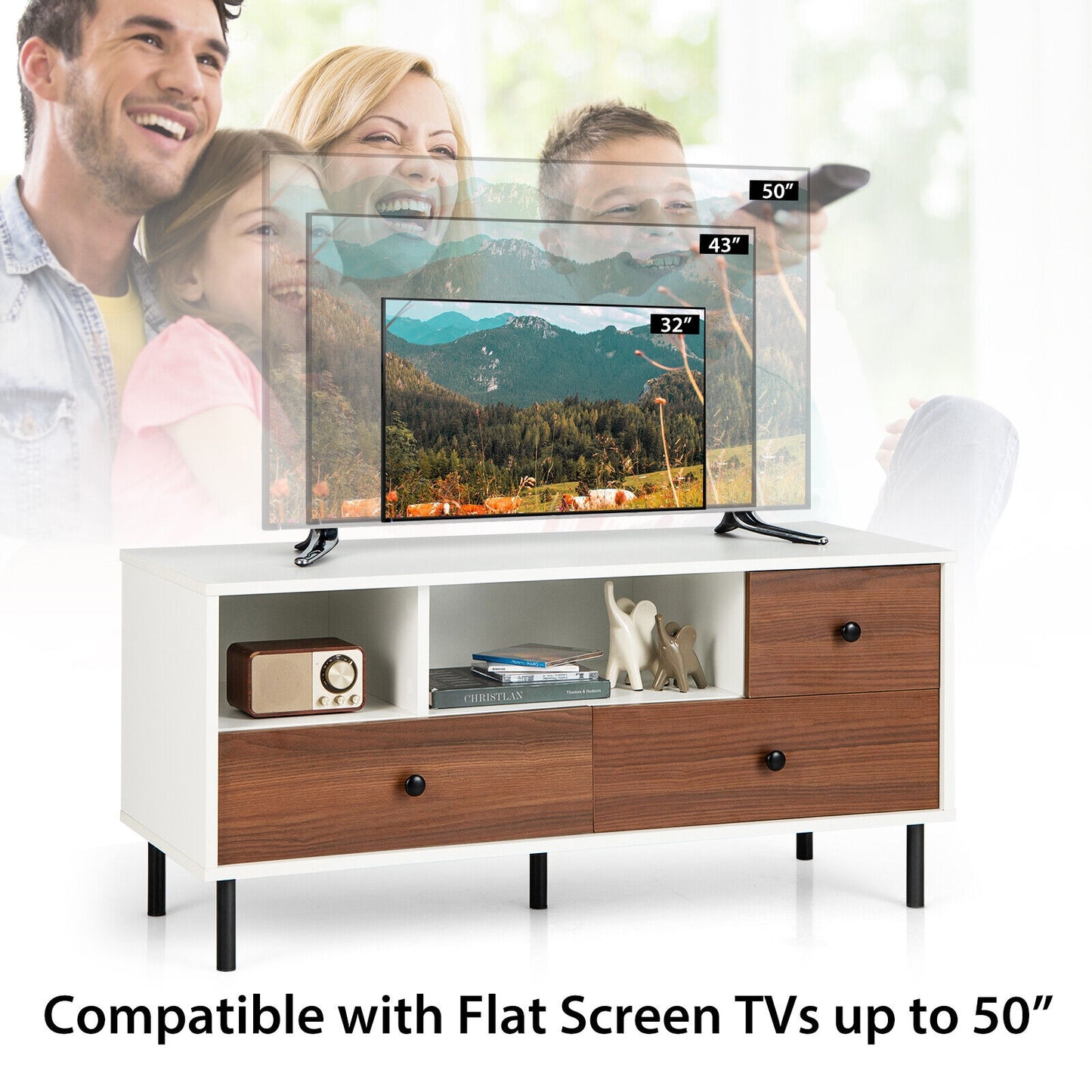 Modern TV Stand for TVs up to 50 Inches with 3 Storage Drawers and 2 Open Cubbies