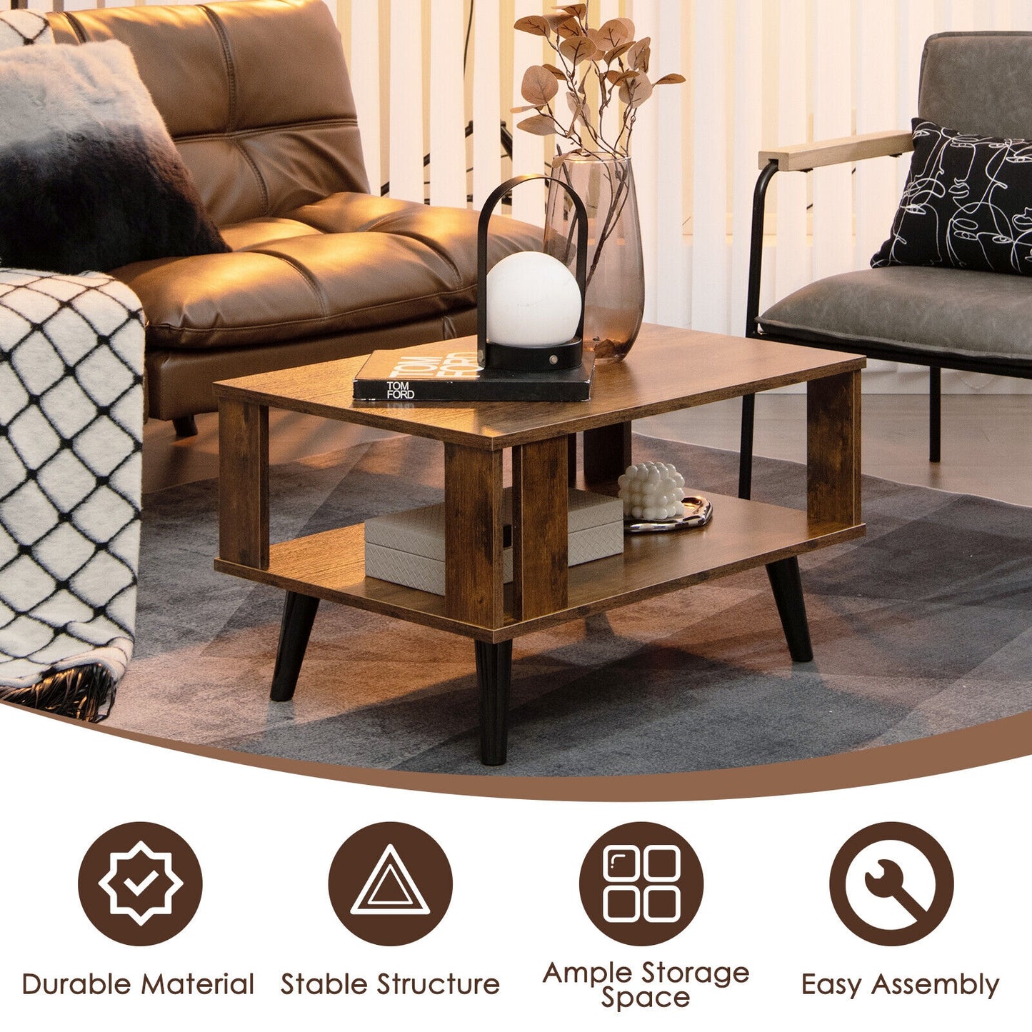 Modern Retro Coffee Table with Storage Shelf Compact Mid Century Design